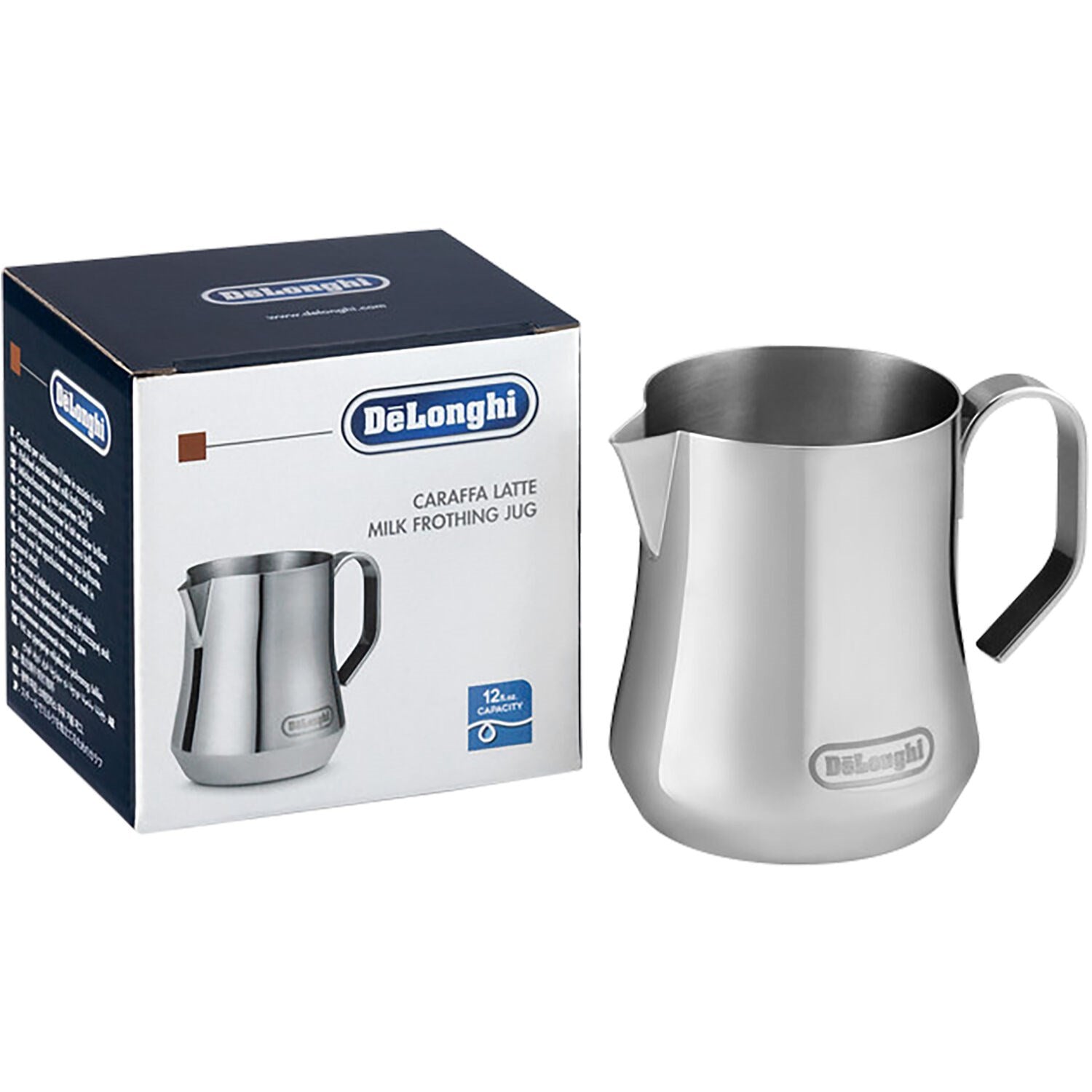 De'Longhi milk frothing pitcher in brushed stainless steel, with handle and spout