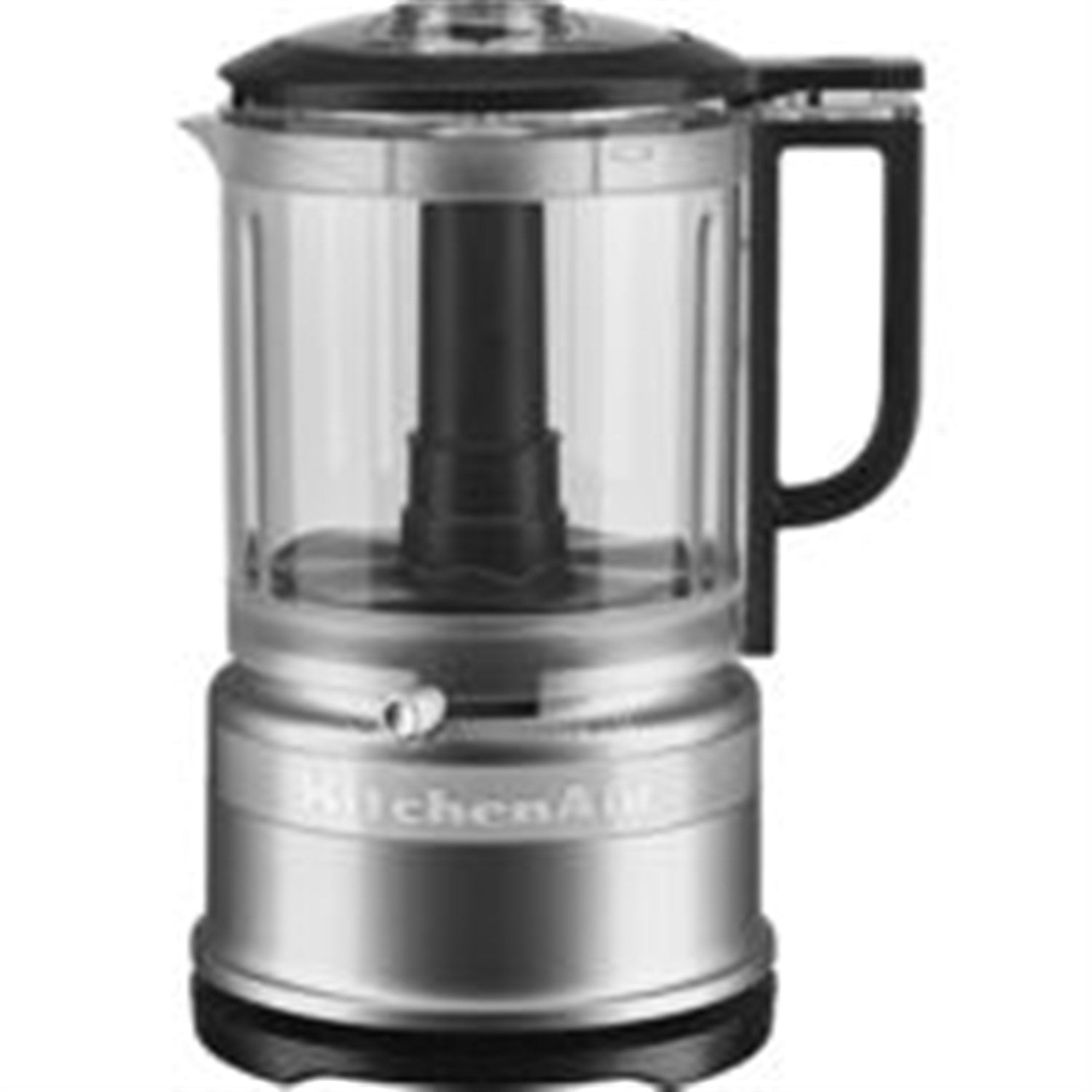 KitchenAid food chopper with stainless steel housing, black handle, and clear jar