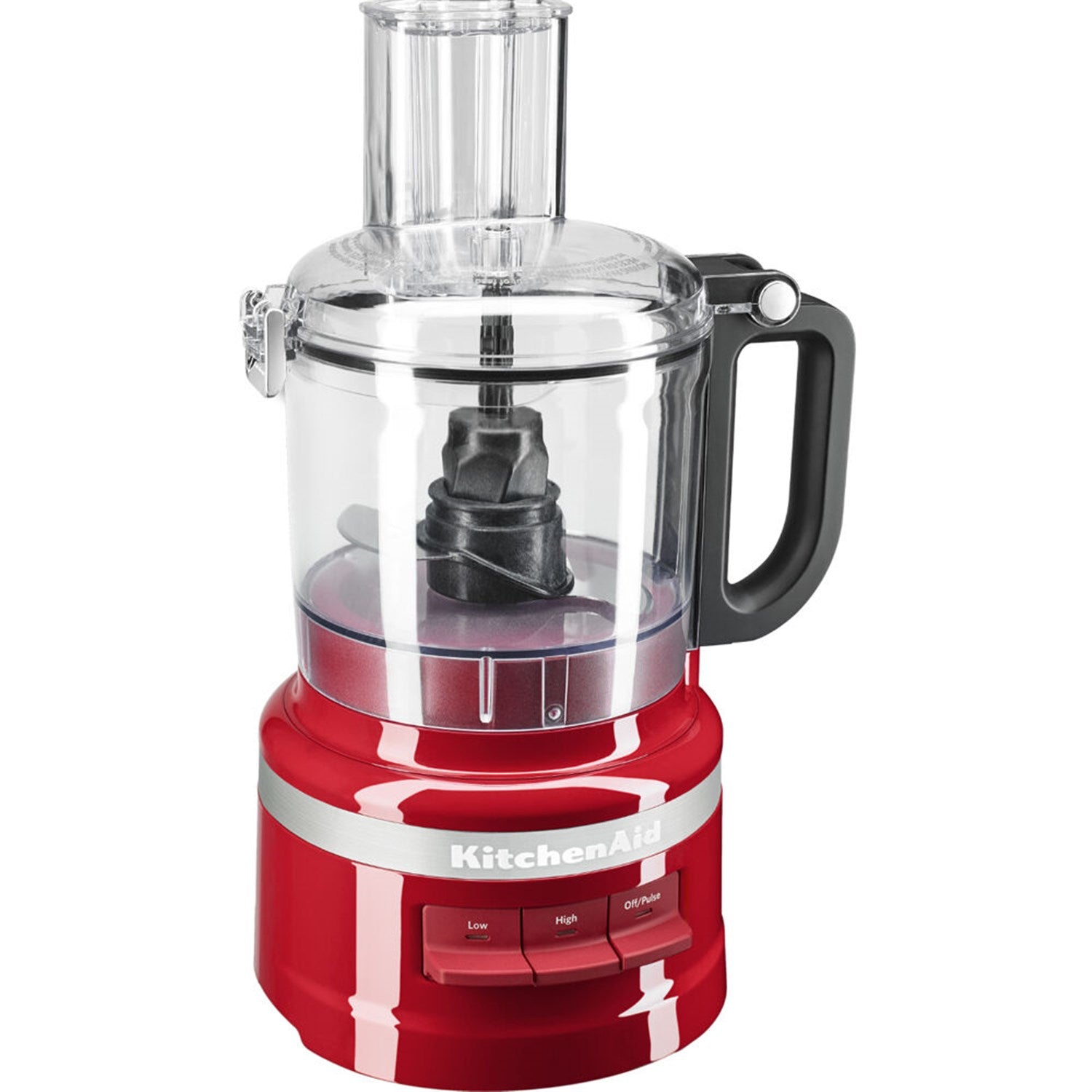 Red food processor base with clear bowl, center spindle, and black side handle
