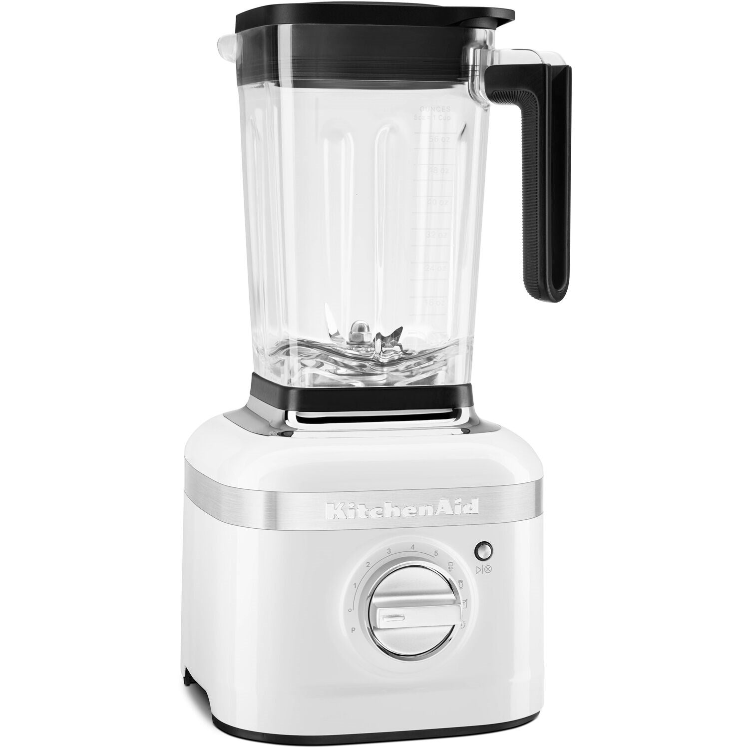 White blender base with clear jar and black lid, front view
