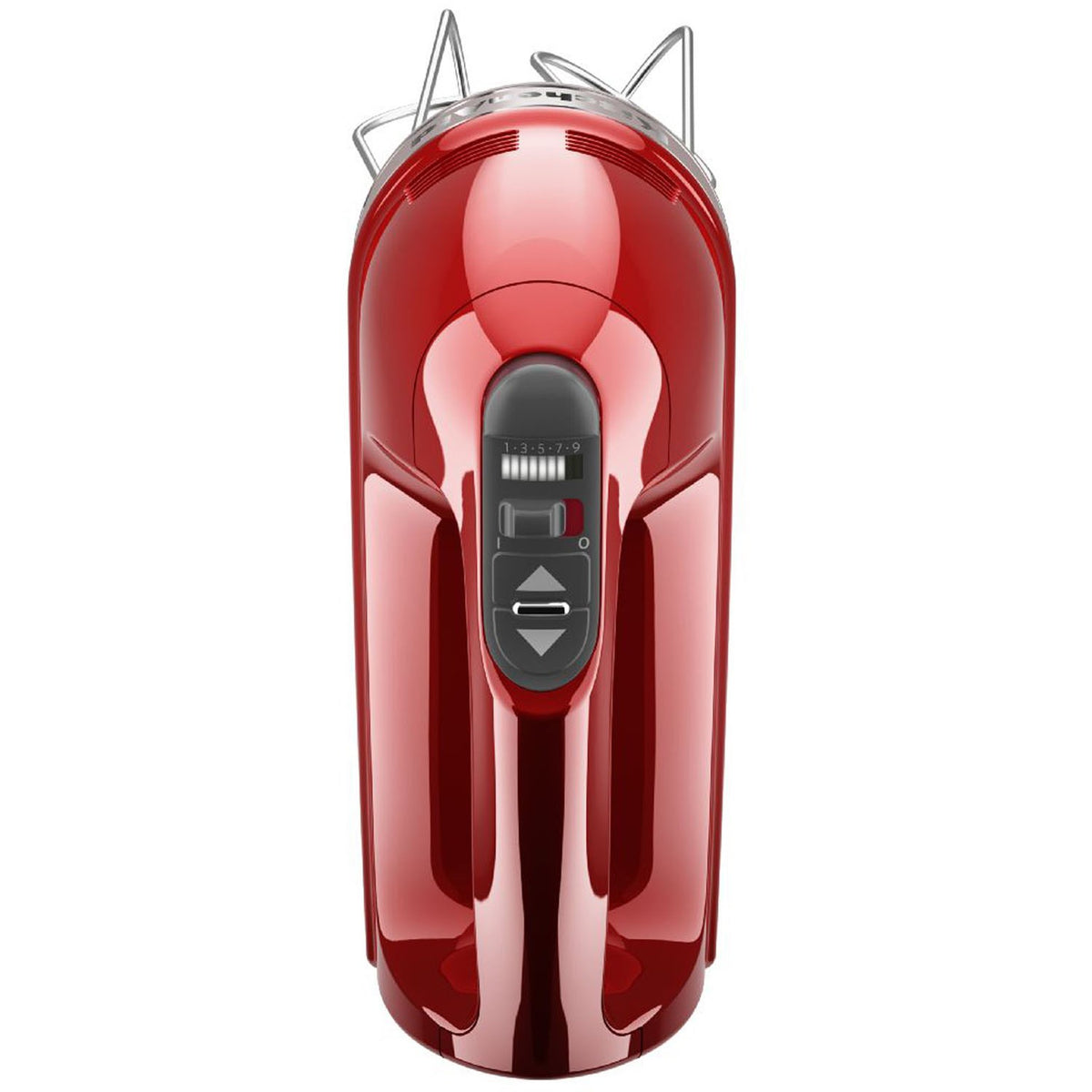Red KitchenAid hand mixer with top stand prongs and digital speed controls