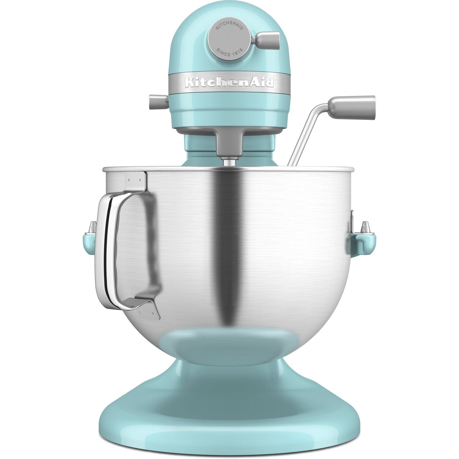 KitchenAid aqua stand mixer with stainless bowl and wire whisk
