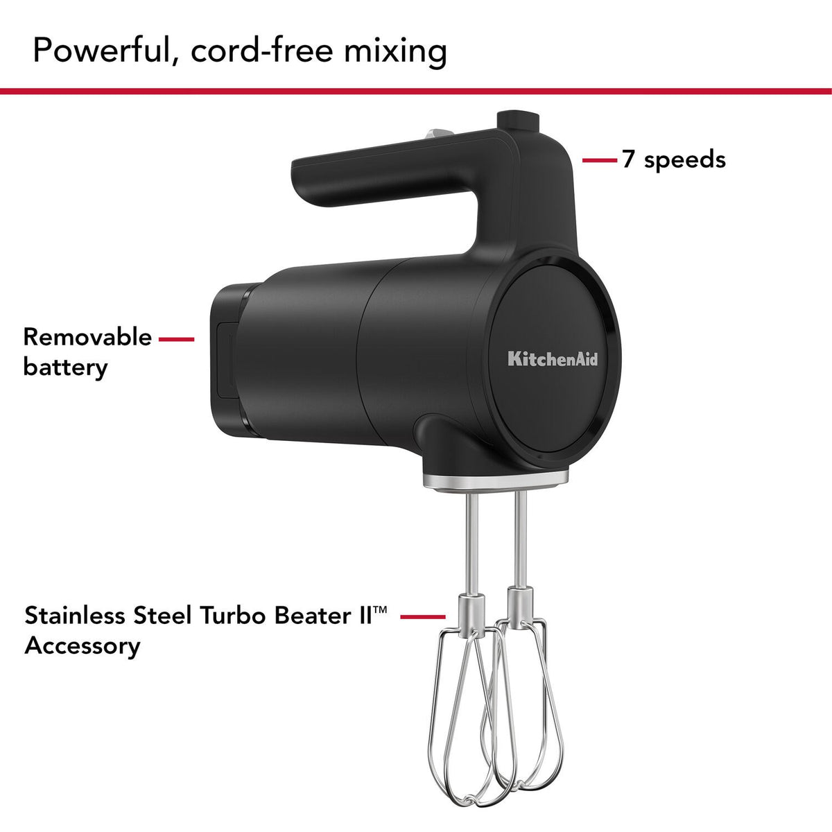 Black matte cordless hand mixer with two chrome beaters attached