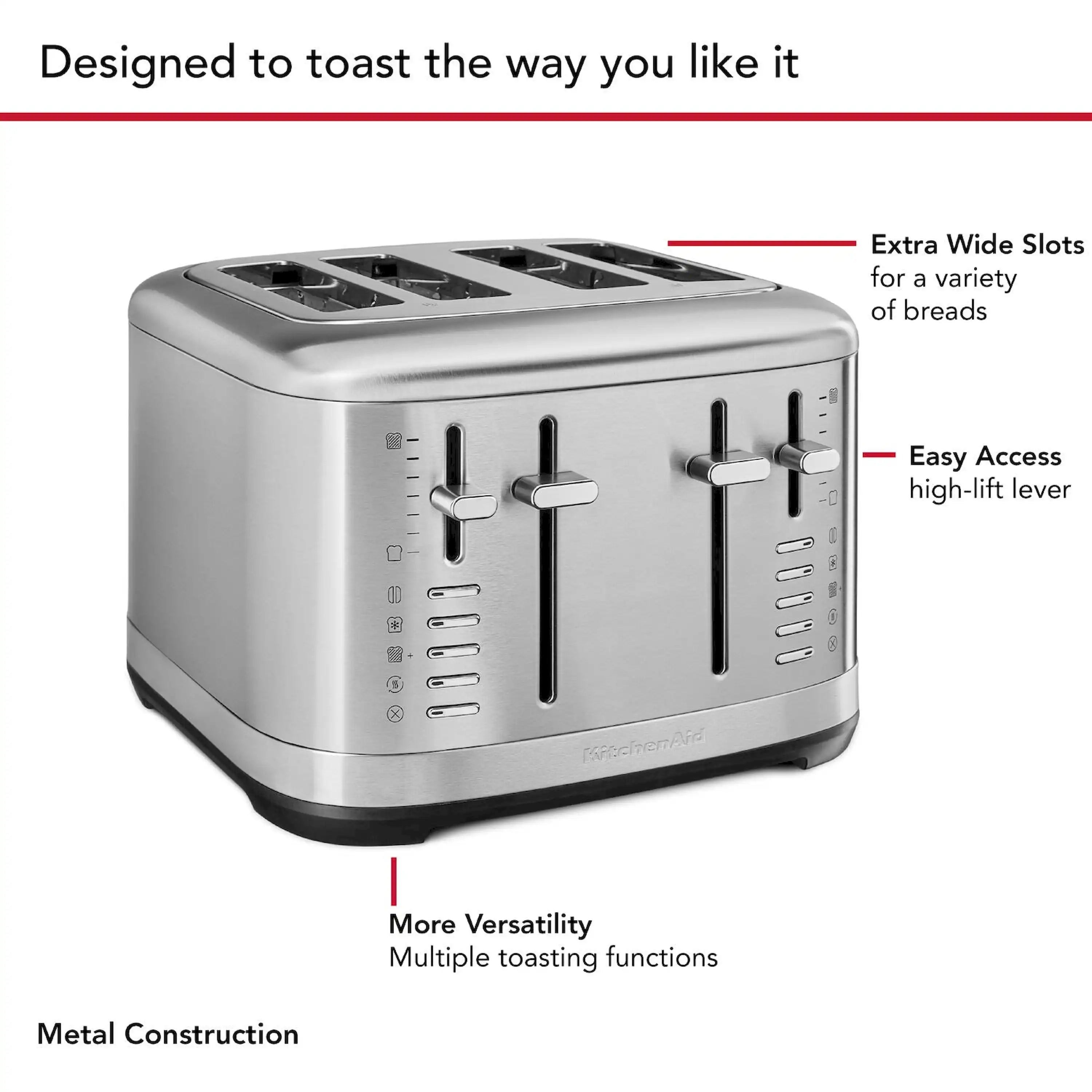 Brushed stainless steel 4-slice toaster with extra-wide slots and high-lift lever