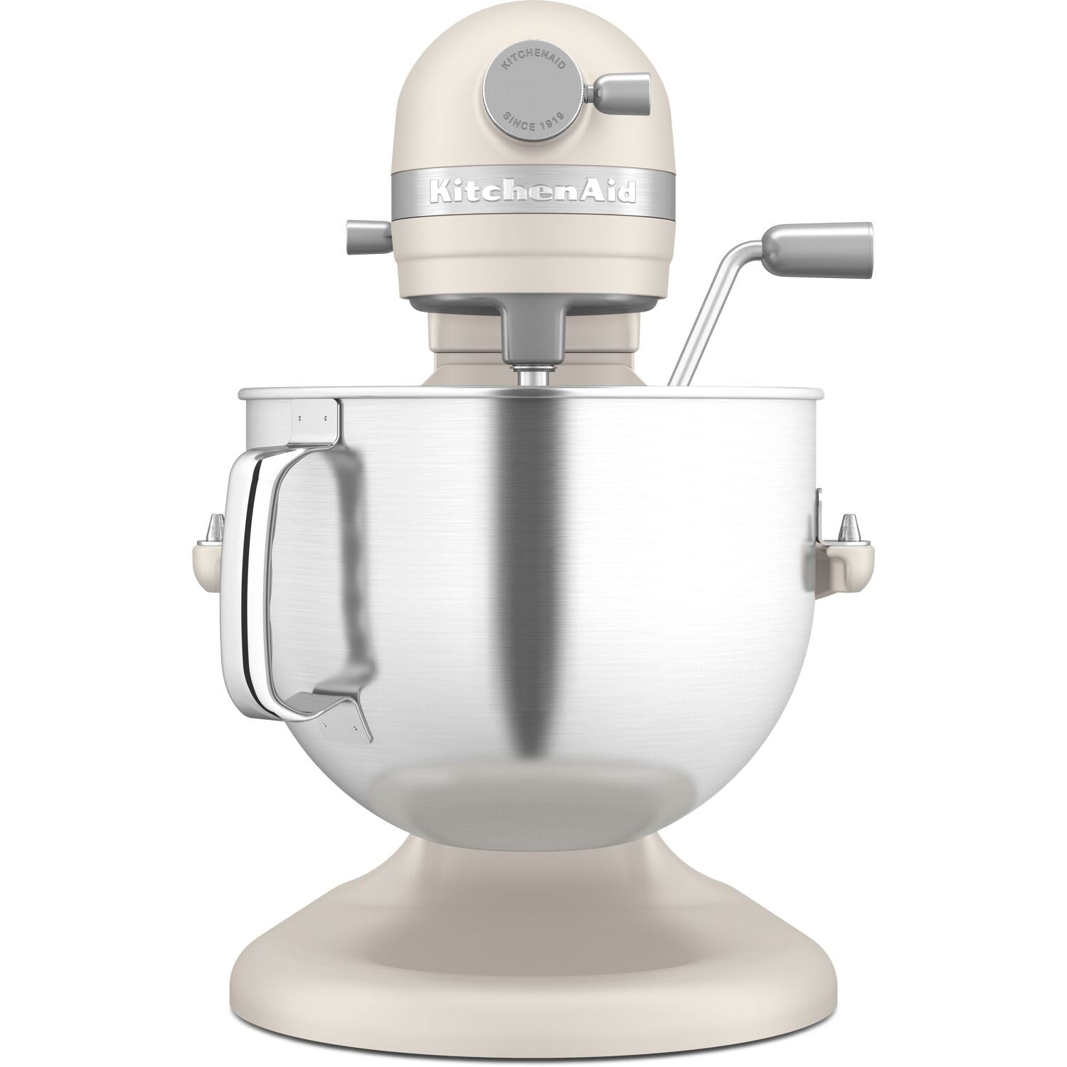 Cream stand mixer with stainless steel bowl and polished beater