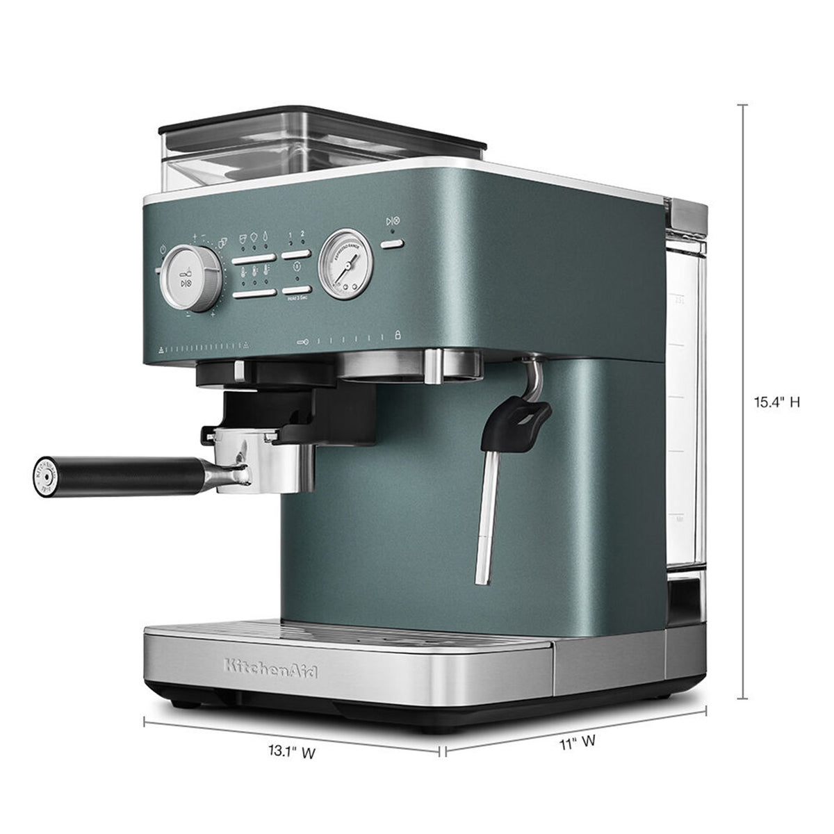 Juniper green espresso machine angled view with control knobs and steam wand
