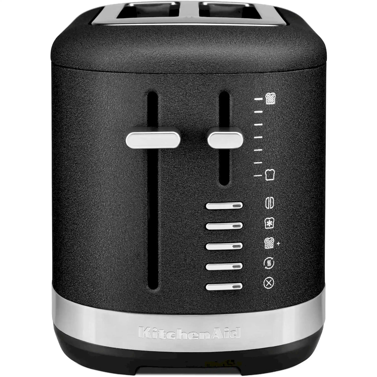 Black 2-slice toaster front view with dual levers and shade setting icons