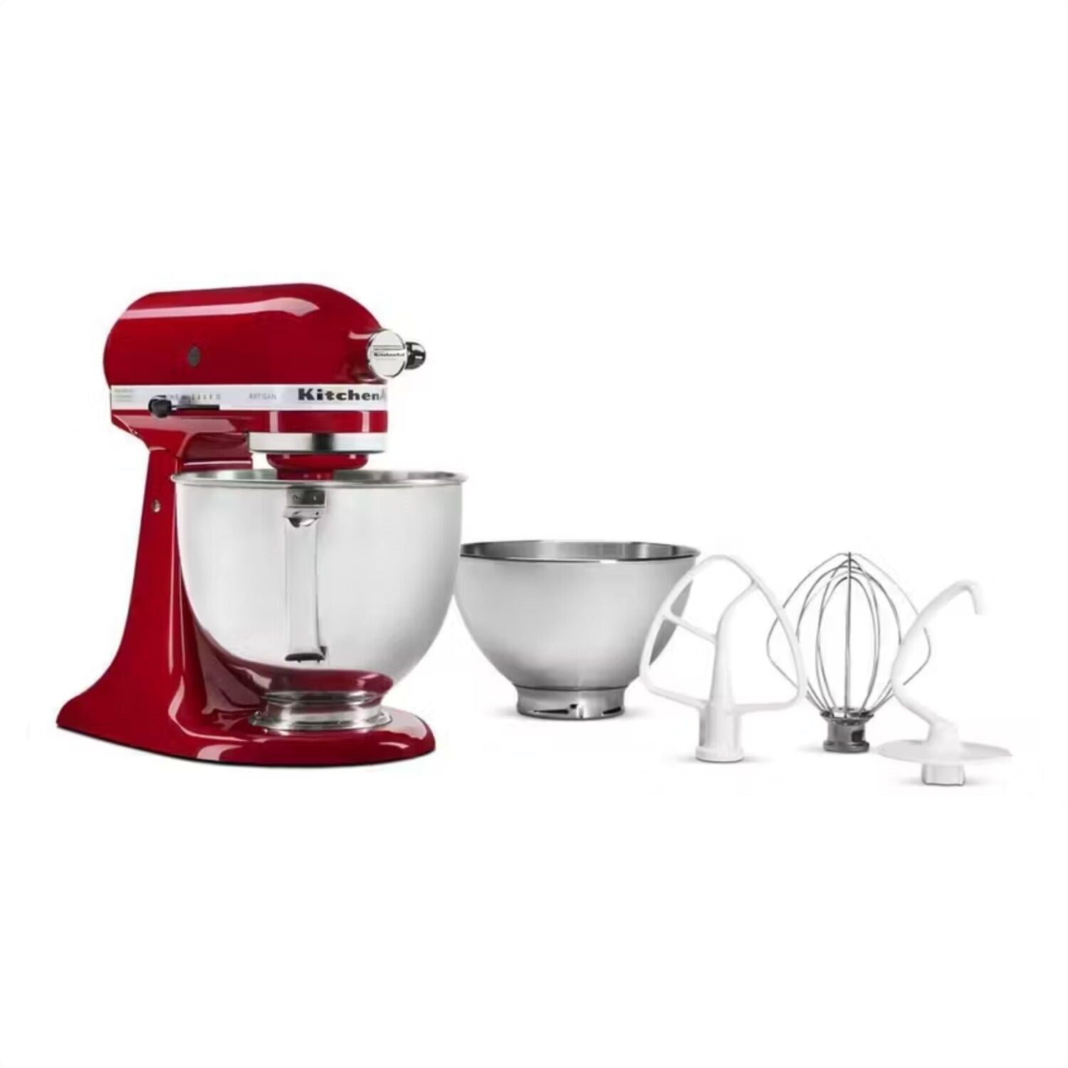 KitchenAid tilt-head stand mixer in Empire red with stainless bowl and white accessories