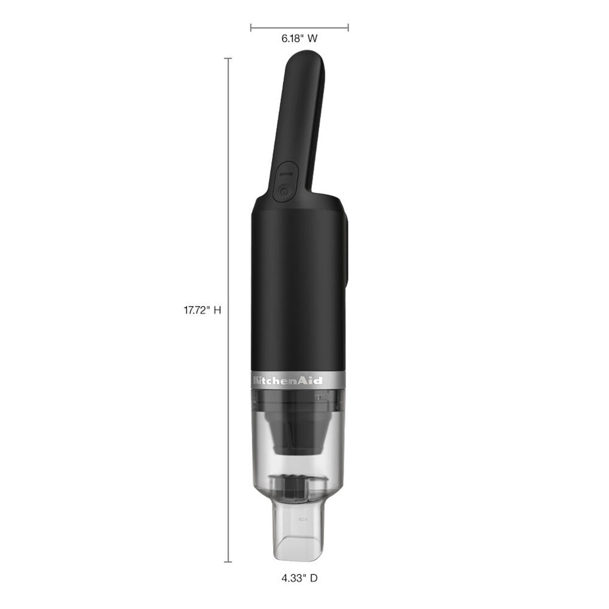 KitchenAid cordless handheld kitchen vacuum, black matte body with clear dust bin