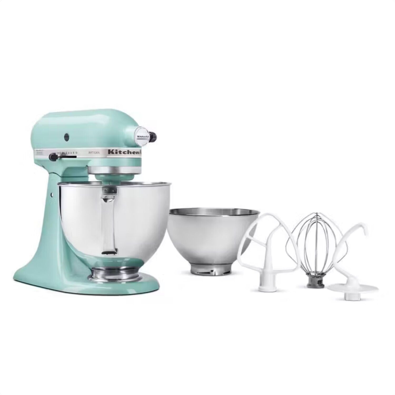 Aqua stand mixer set with stainless bowls and mixing attachments, including whisk