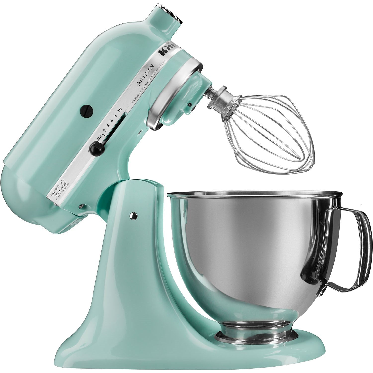 KitchenAid Artisan tilt-head stand mixer in ice blue with whisk attachment and stainless bowl