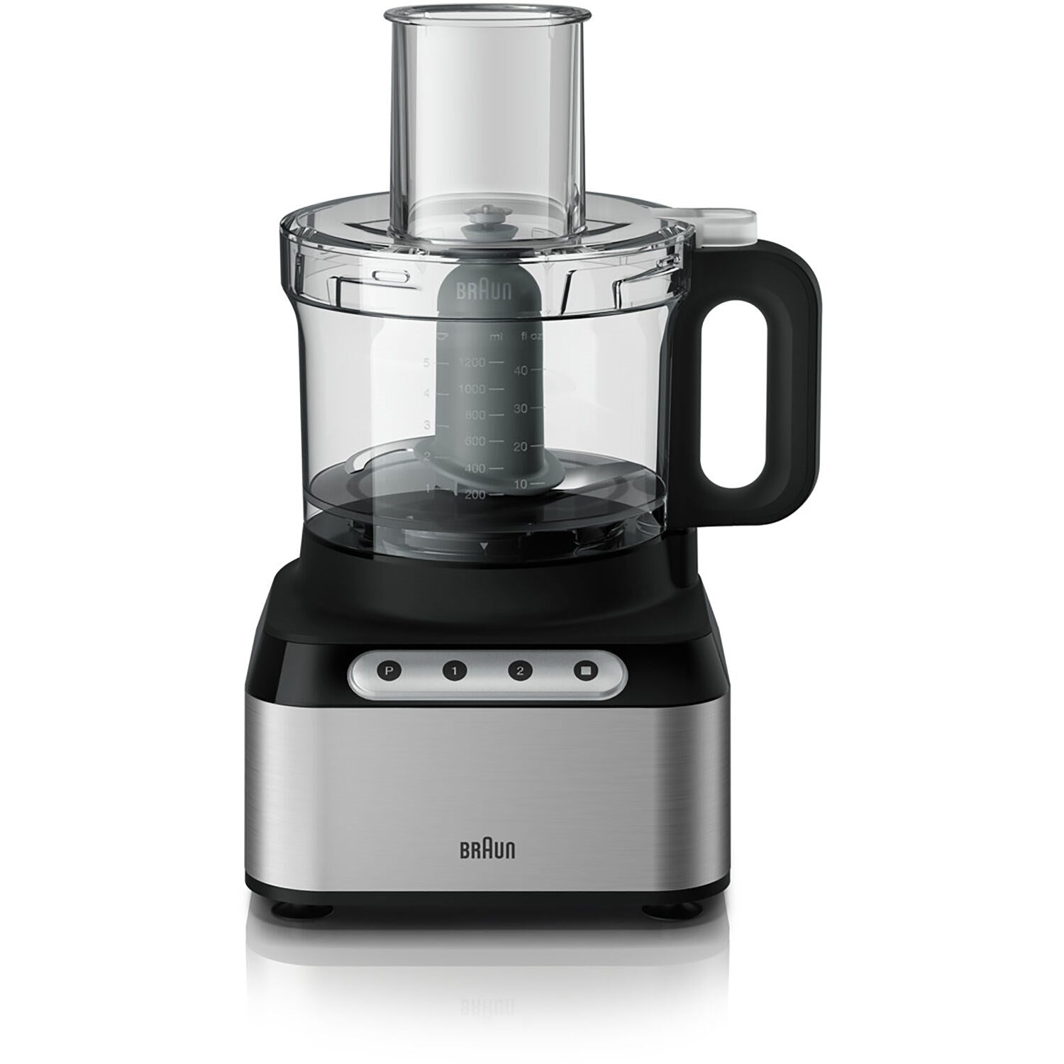 Braun food processor with stainless-steel base, black handle, clear mixing bowl