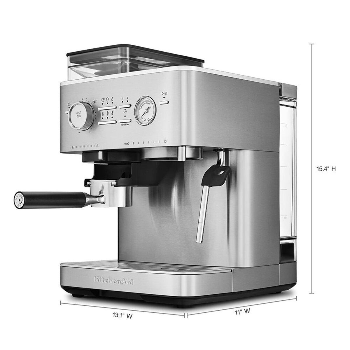 Stainless steel espresso machine with side water tank and portafilter