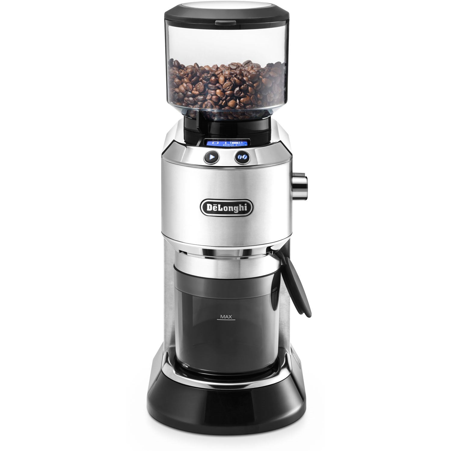De'Longhi Dedica coffee grinder with bean hopper and black dispensing lever, full front