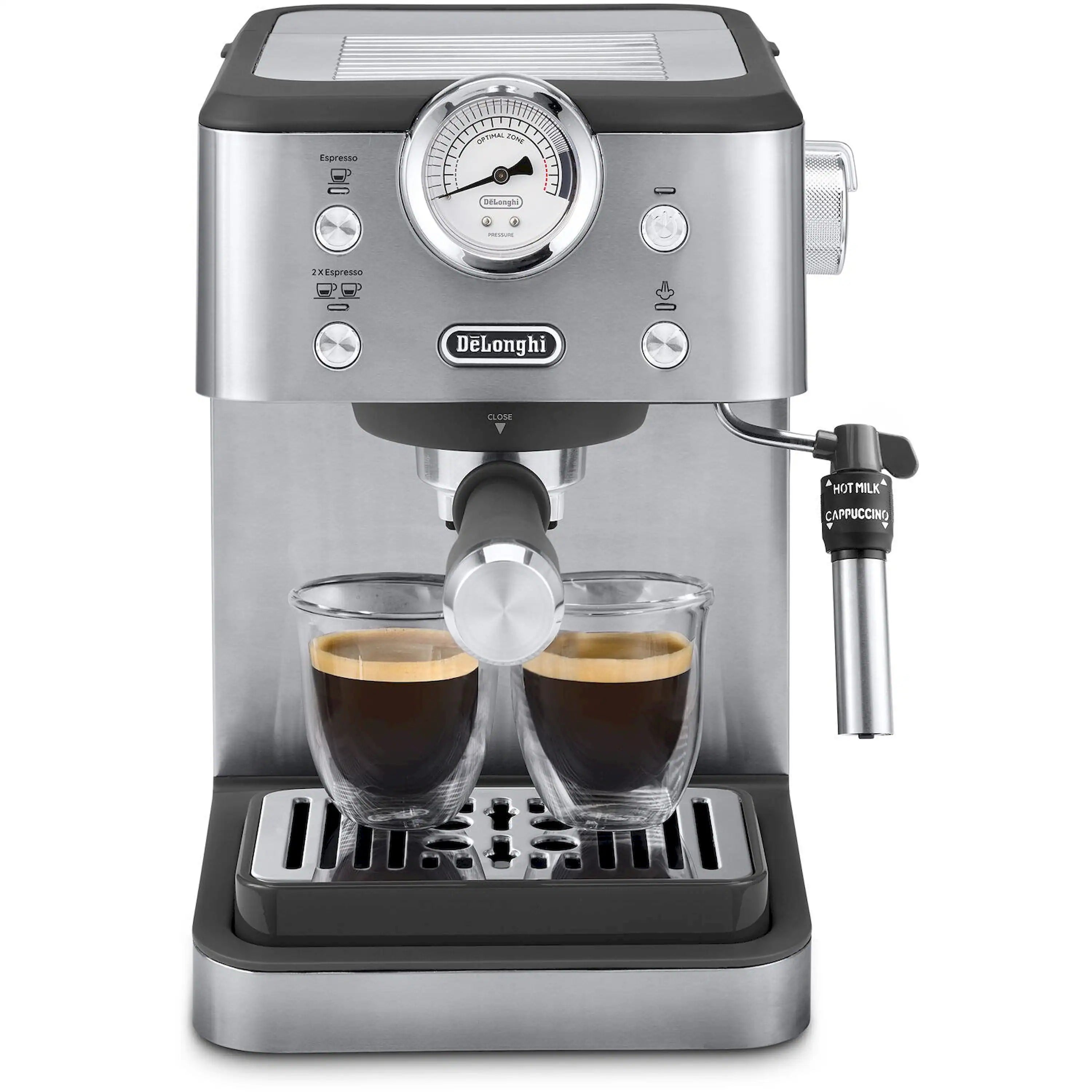 Stainless steel automatic espresso machine with pressure gauge and milk frother arm