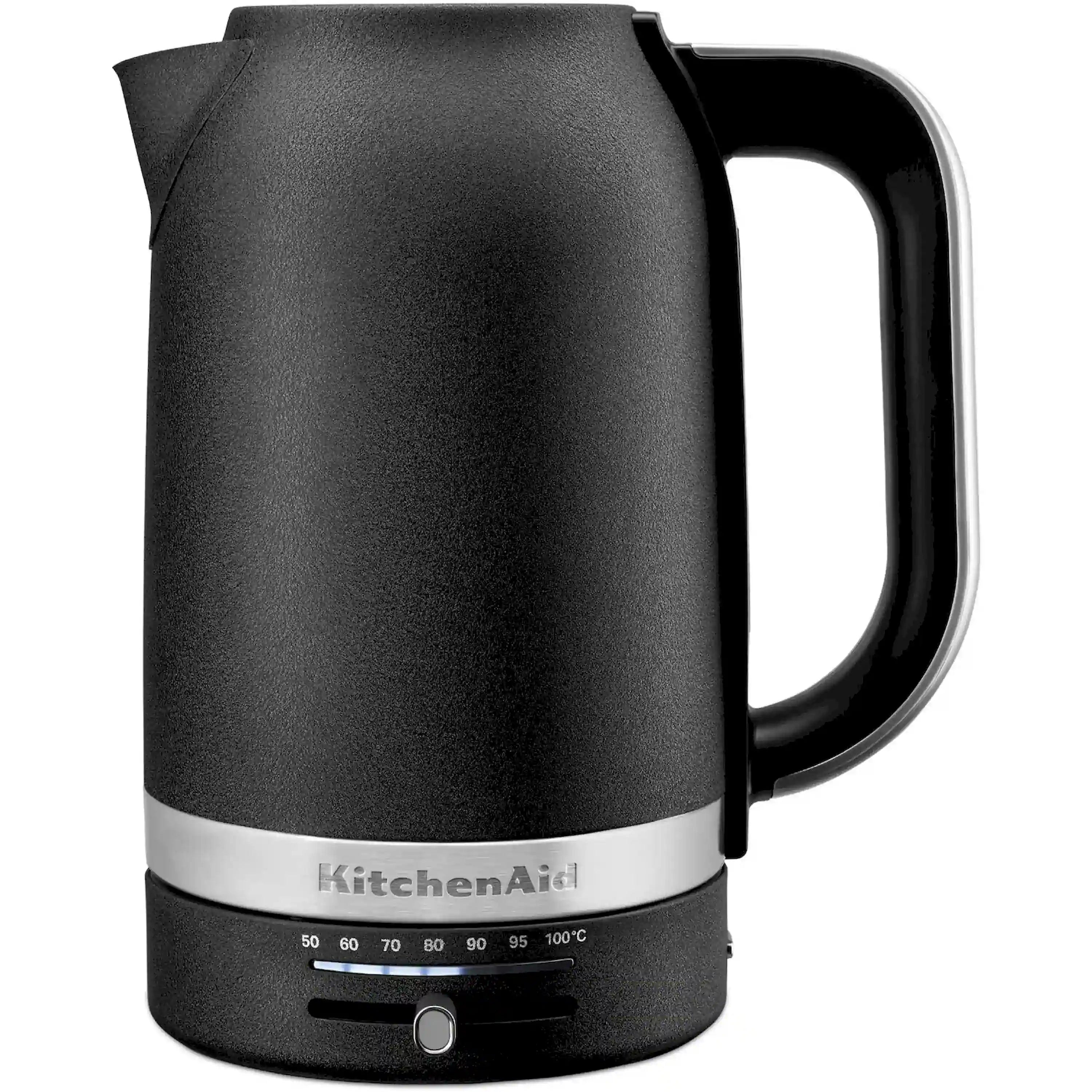 Black electric water kettle with handle and front temperature control dial.