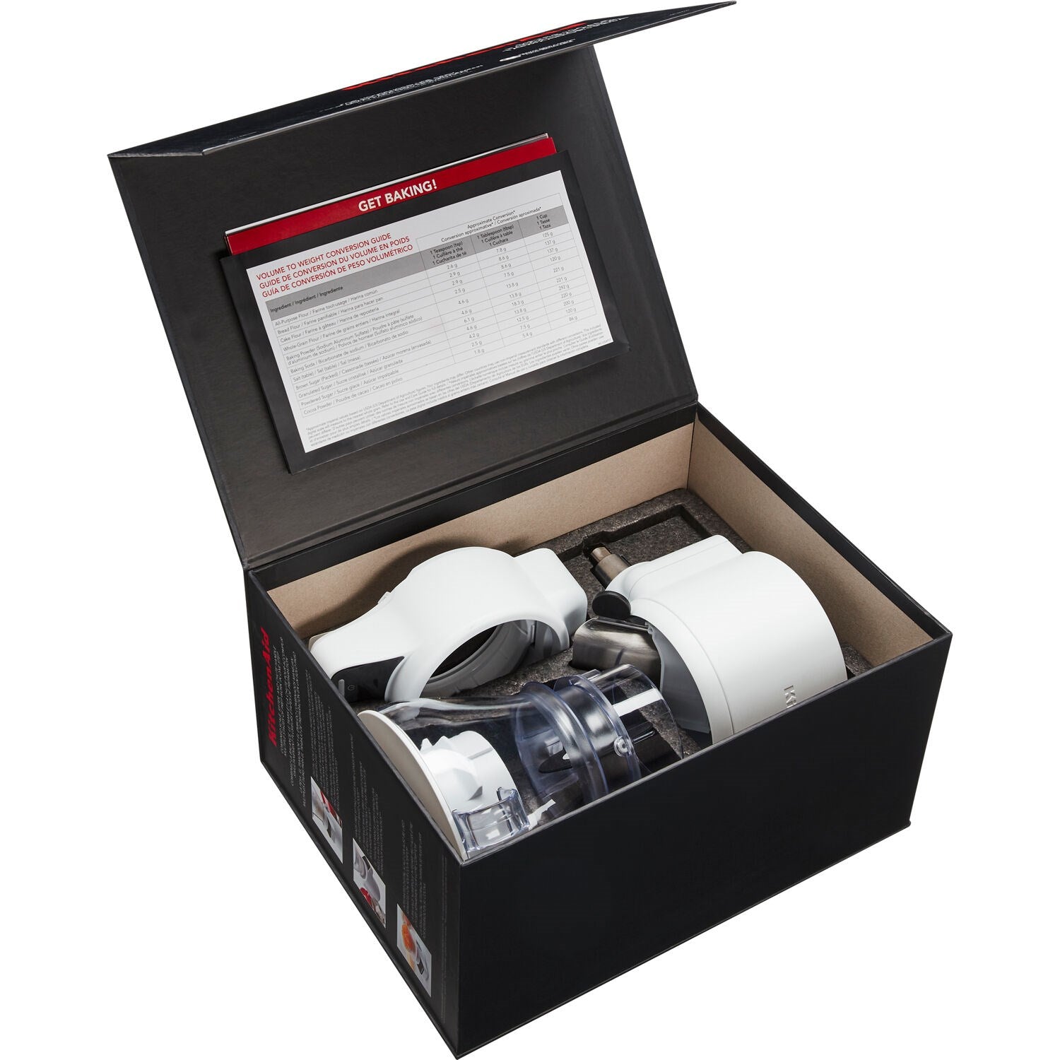 Sifter and scale attachment in open box with white components and clear measuring pieces