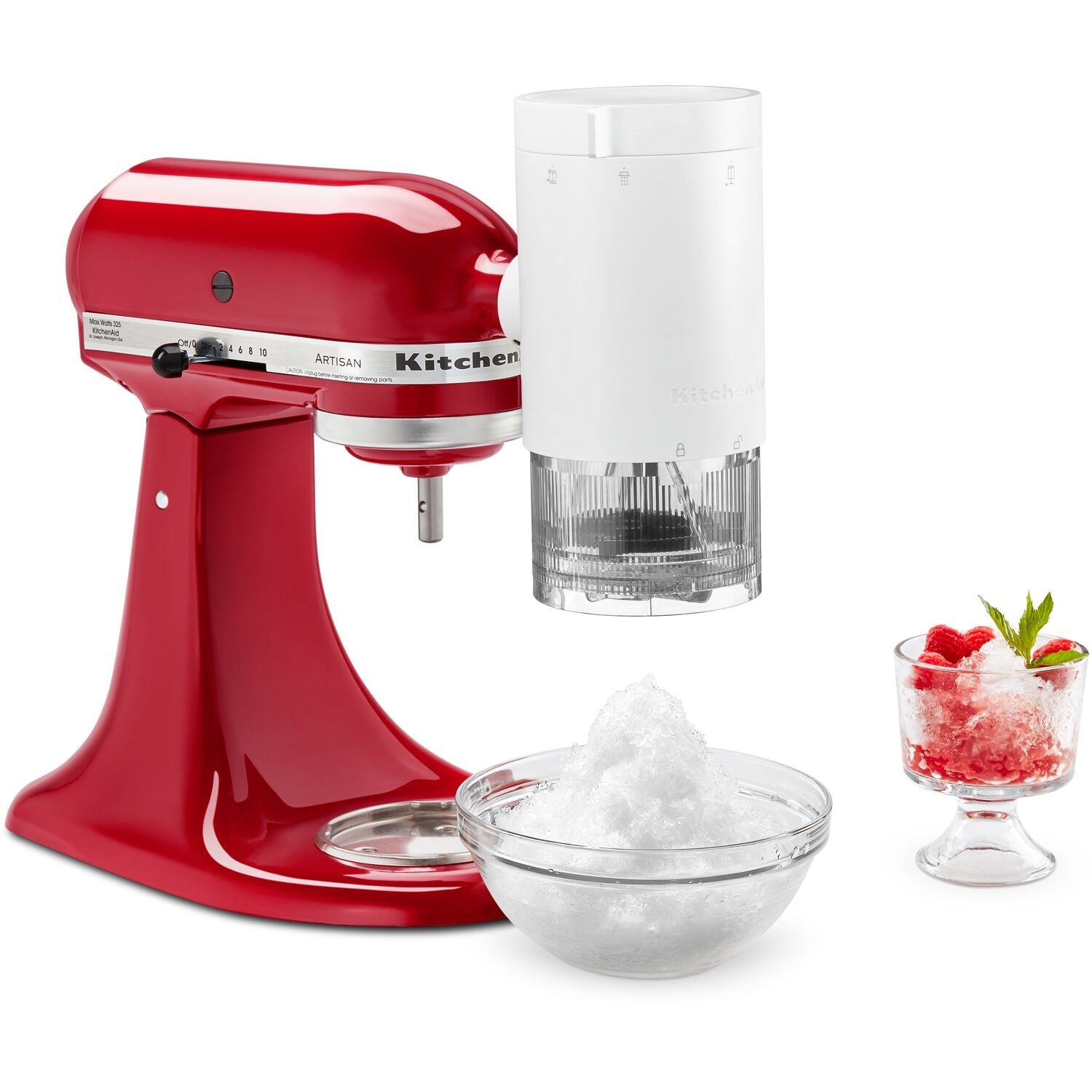Red stand mixer with shave ice attachment and clear ice-shaving bowl