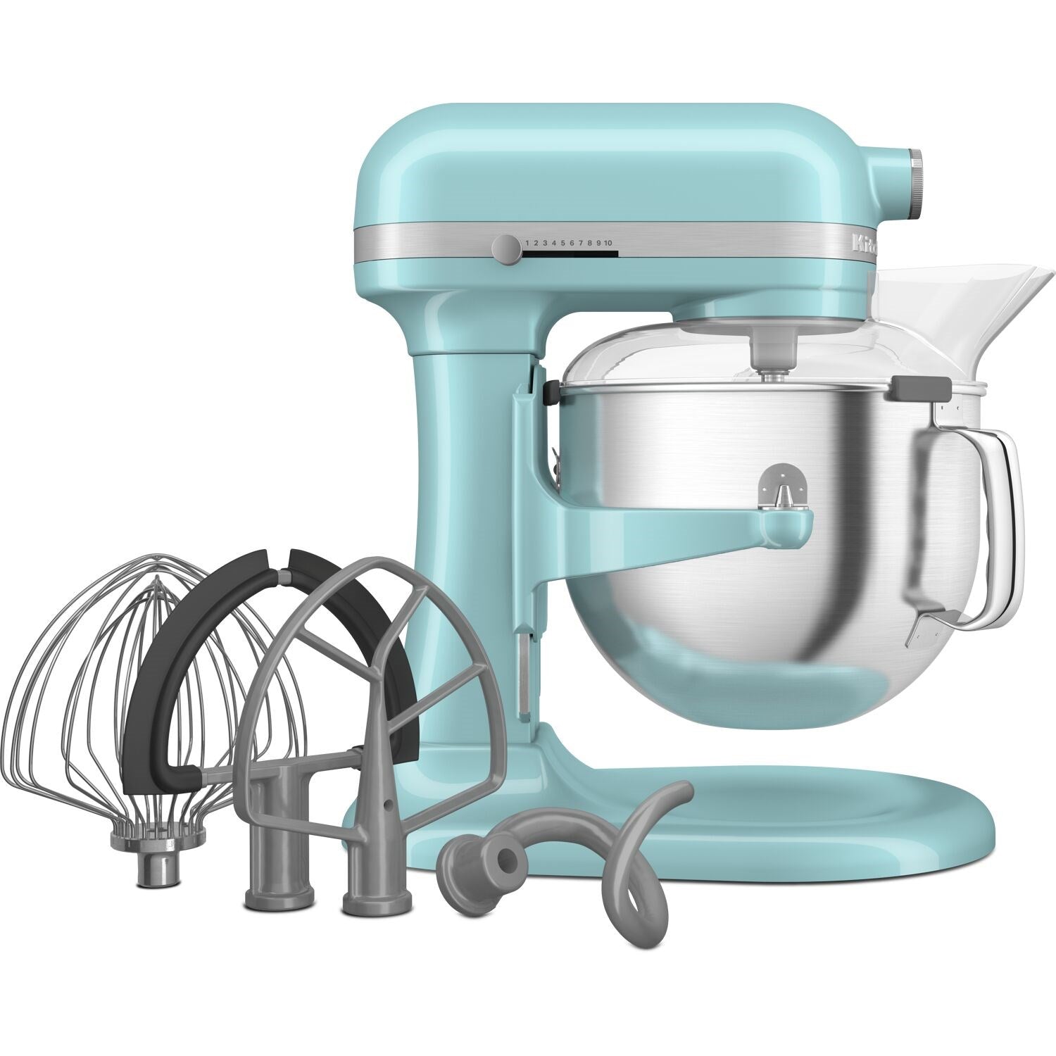 KitchenAid aqua stand mixer with stainless bowl and whisk and paddle attachments