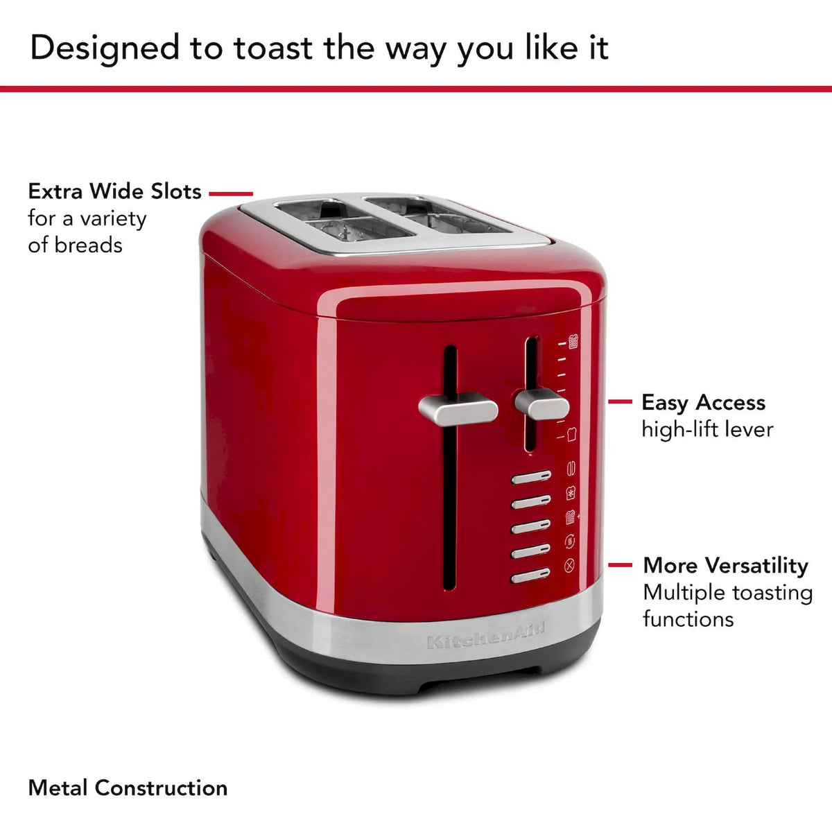 2-slice toaster with wide slots, chrome lever, and side toast settings