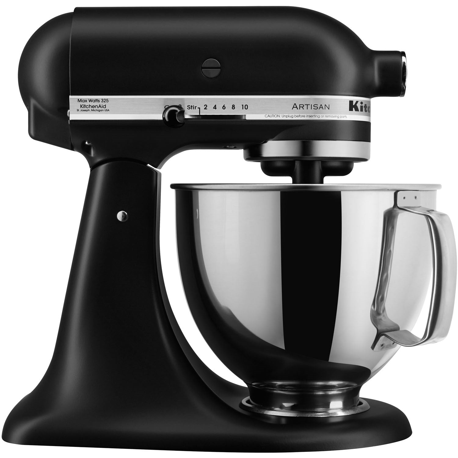 KitchenAid Artisan tilt-head stand mixer in black matte, side view with speed dial