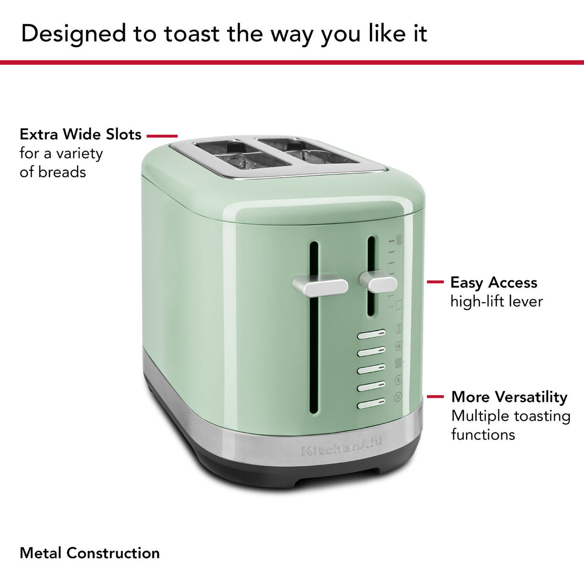 KitchenAid 2-slice toaster in pistachchio green with high-lift lever and control dials