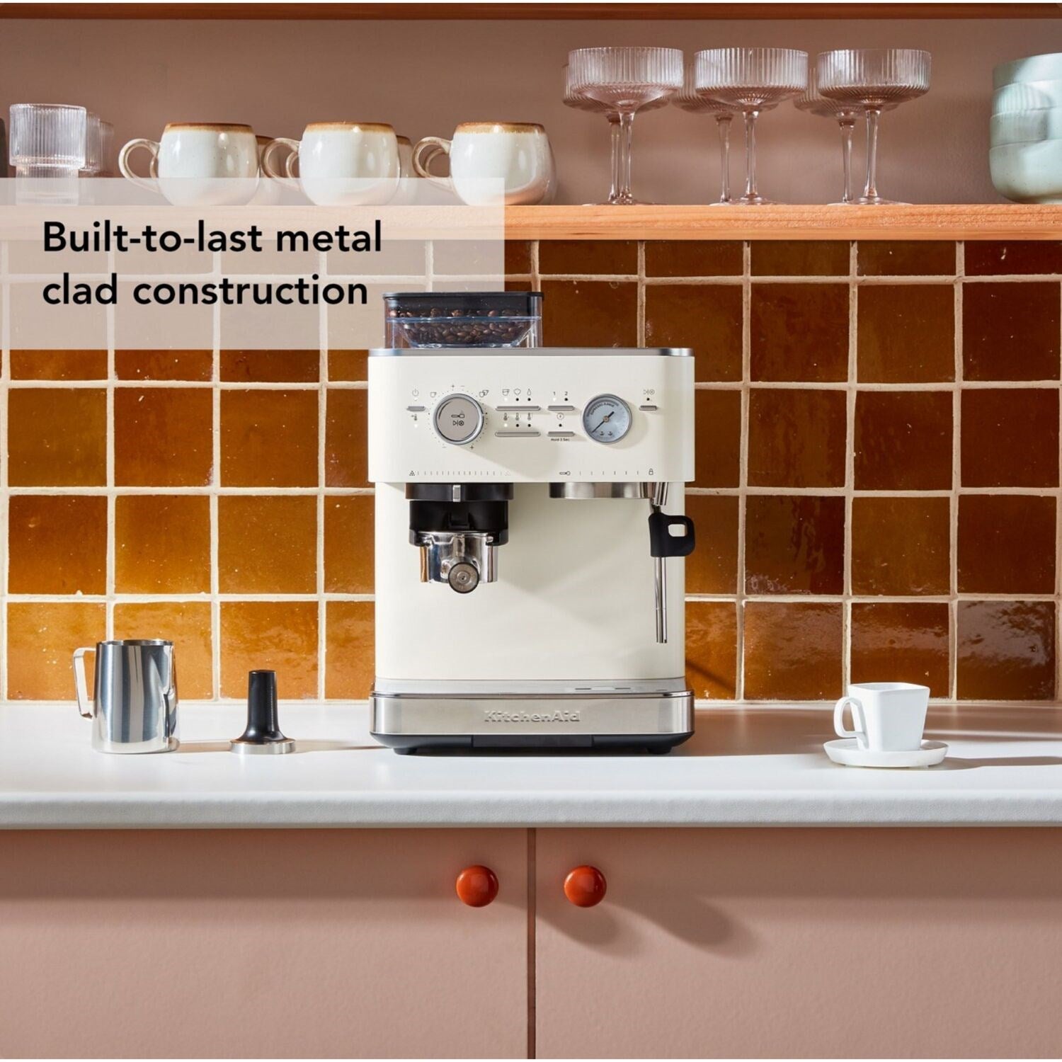Porcelain white espresso machine with steam wand and portafilter on counter