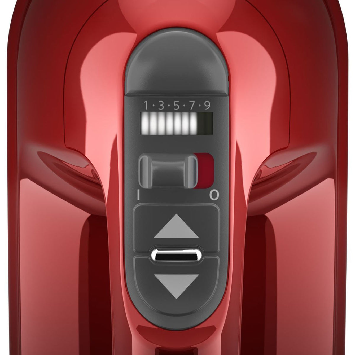 Red KitchenAid digital hand mixer control panel with speed display and buttons