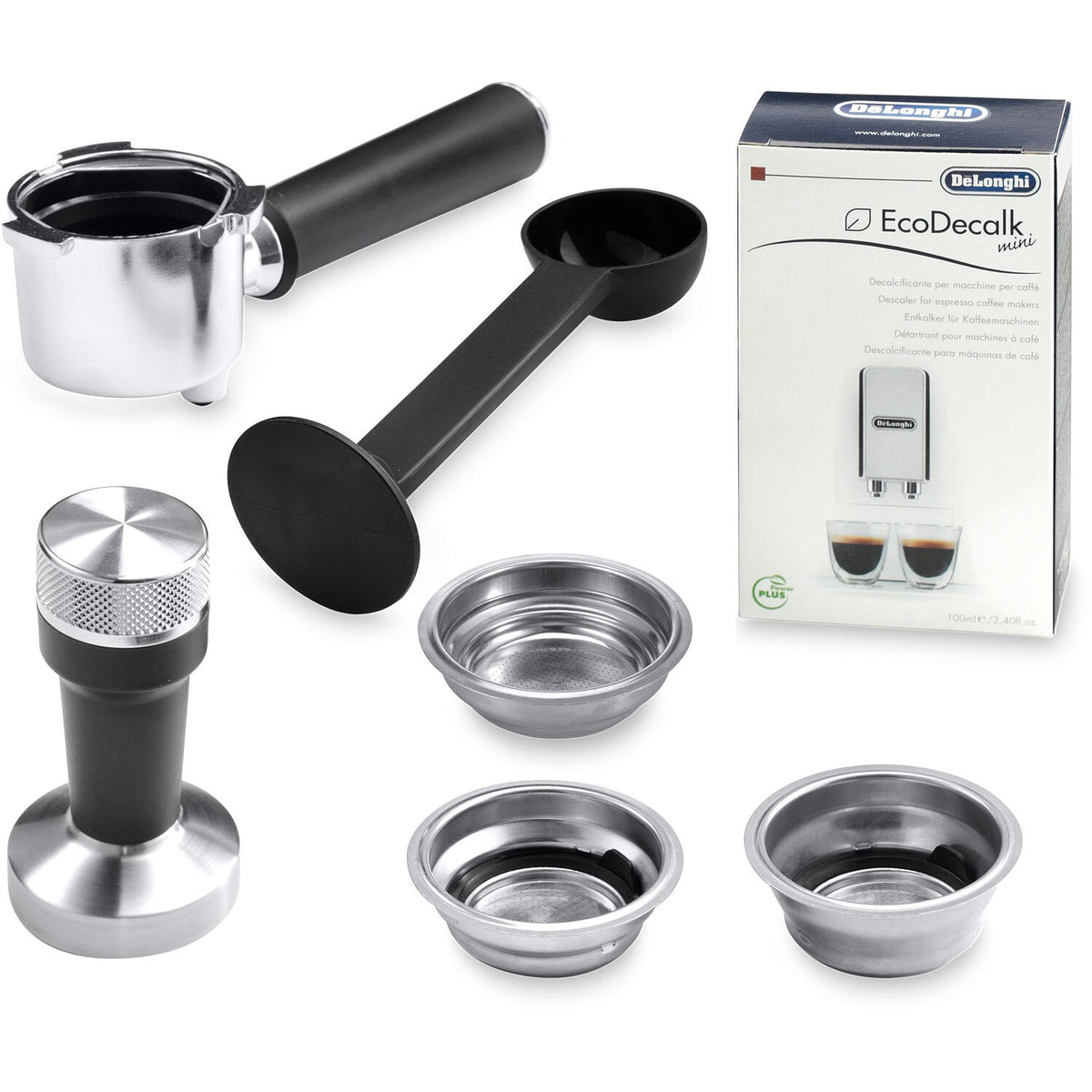Espresso machine accessory set with portafilter, filter baskets, and black scoop
