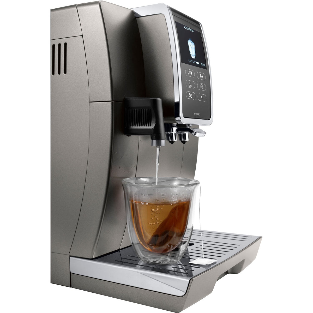 Titanium super-automatic coffee machine with dual dispensing spouts and drip tray platform