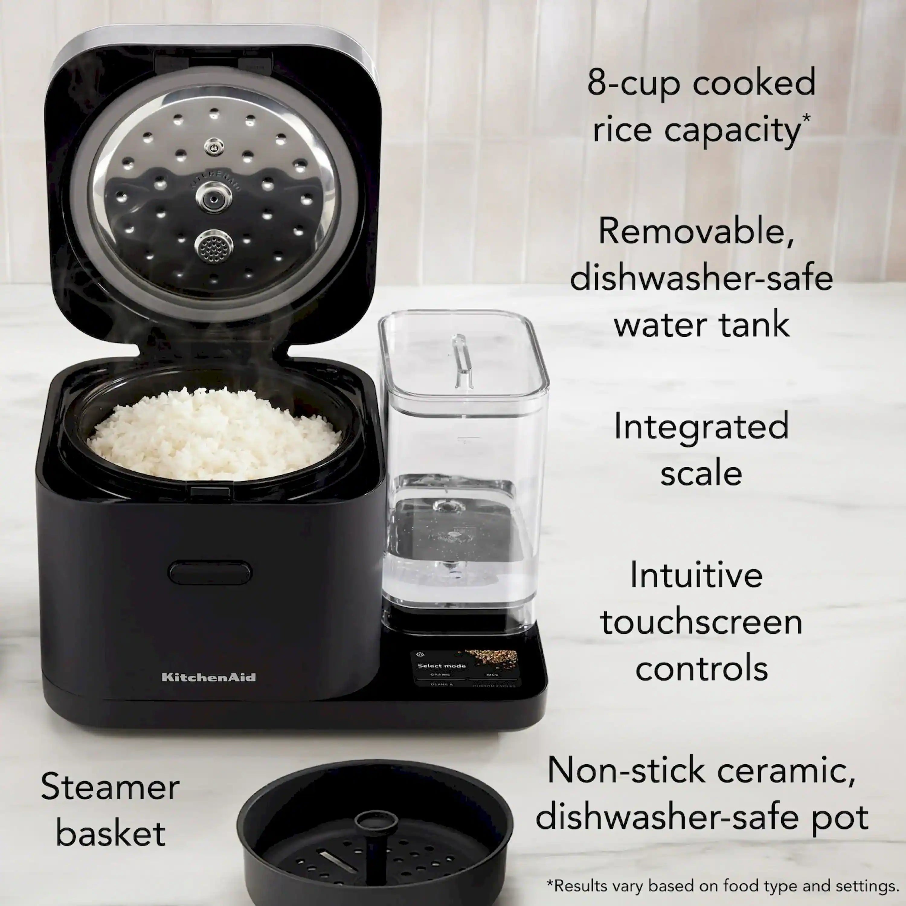 KitchenAid electric rice cooker with black pot, open lid, and removable water tank