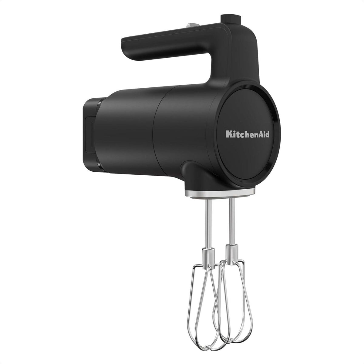 Black cordless hand mixer, angled view, with two chrome beaters