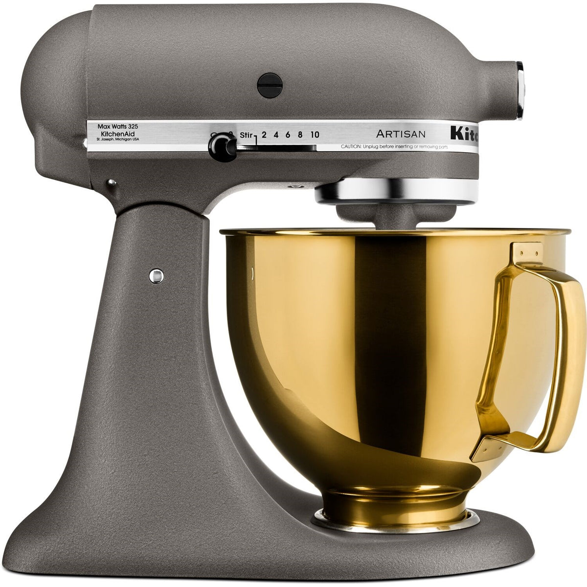 Radiant gold mixing bowl attached to stand mixer, side handle visible