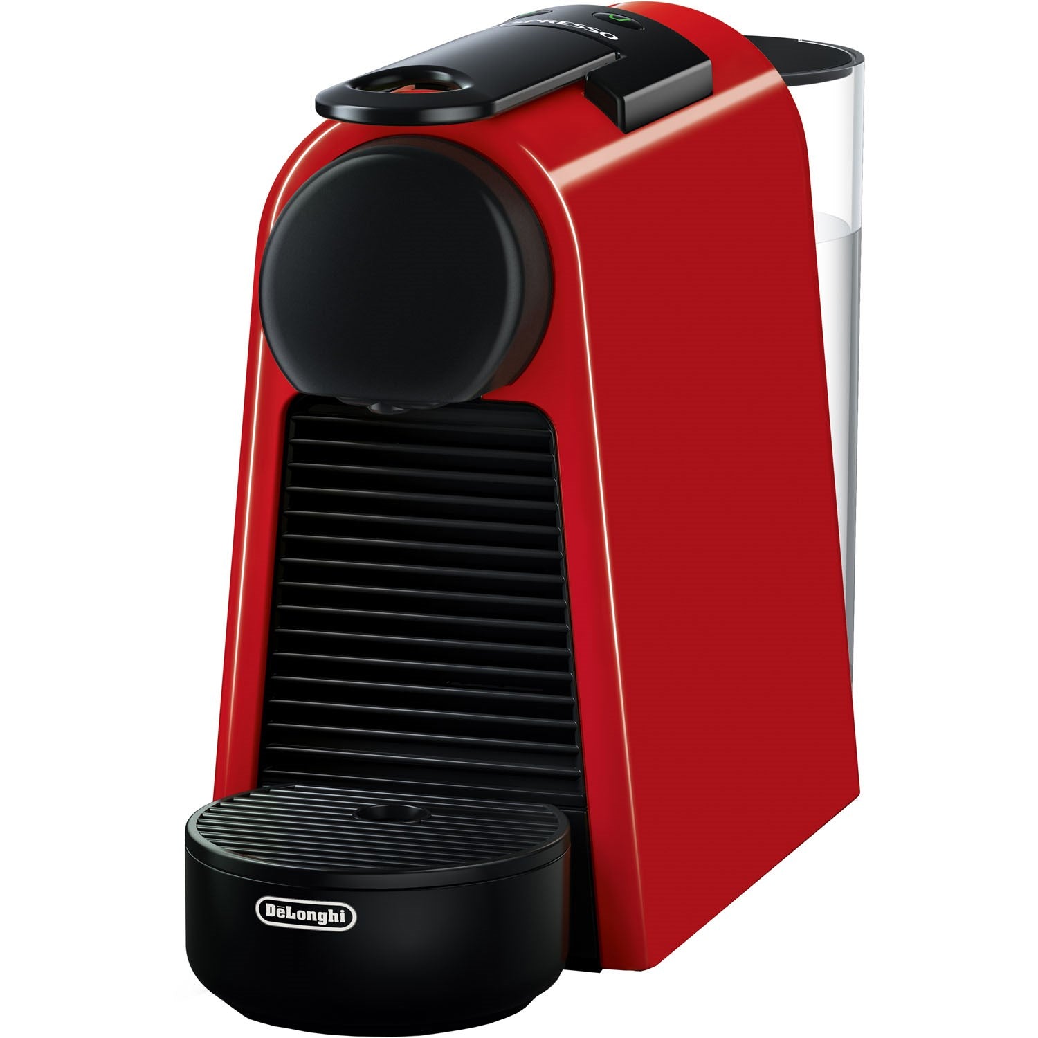 Red De'Longhi Nespresso Essenza Mini espresso machine with black top and drip tray