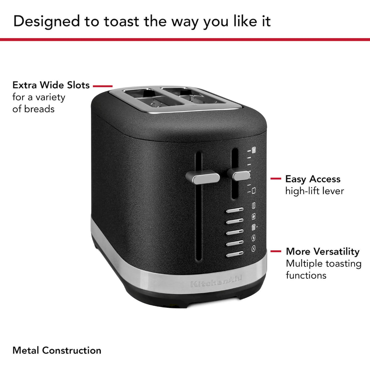 Black 2-slice toaster with extra-wide slots and right-side dial-style controls