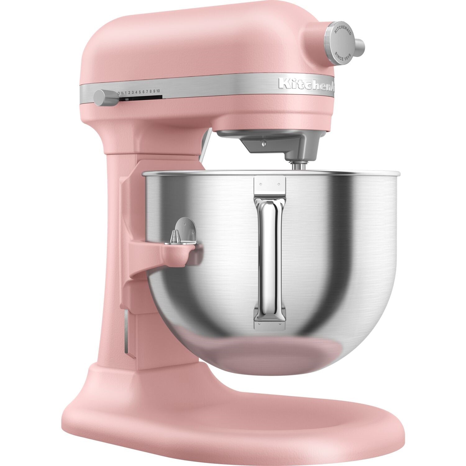 KitchenAid stand mixer in dried rose with stainless steel bowl and pouring shield