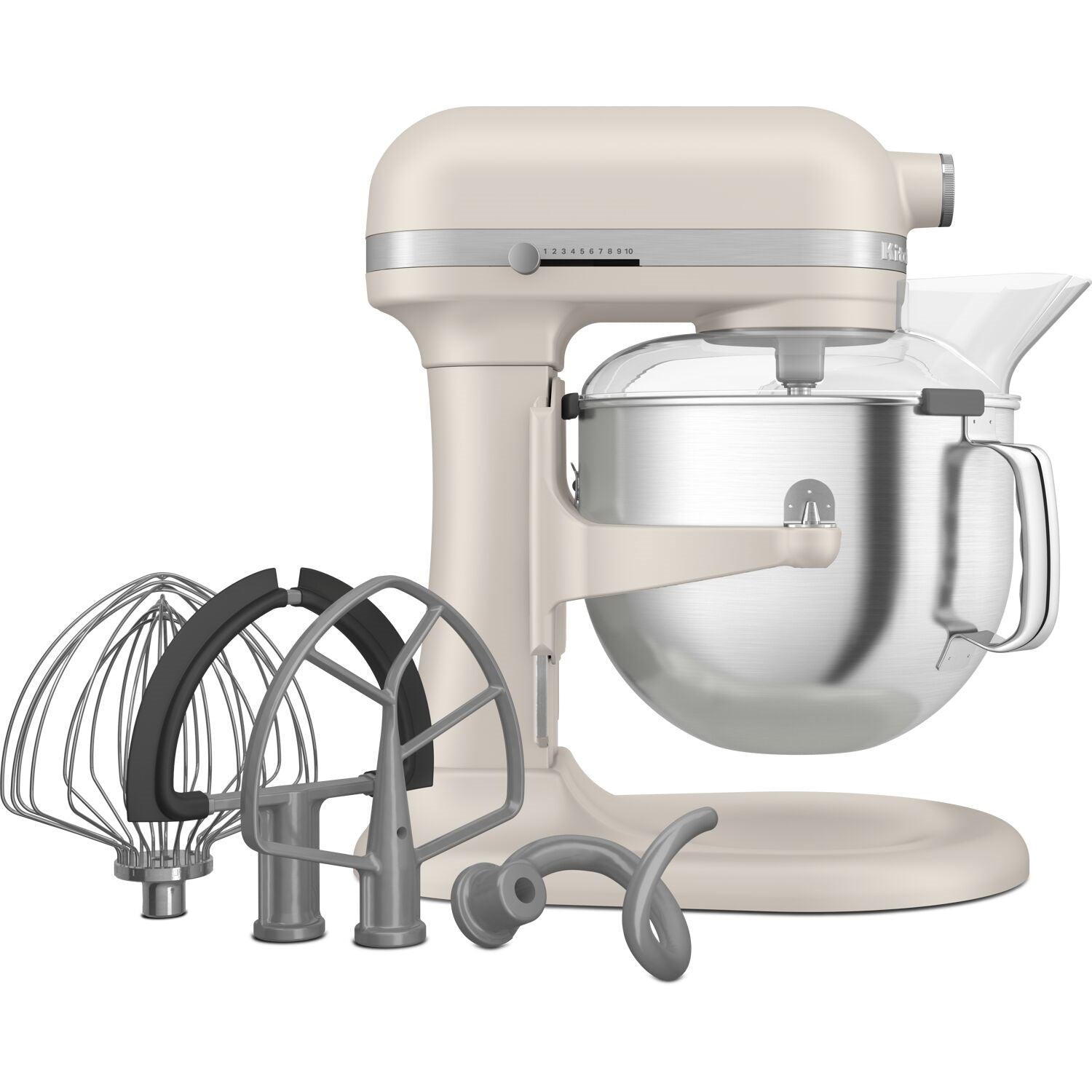 Cream stand mixer with stainless bowl plus whisk and dough hook accessories