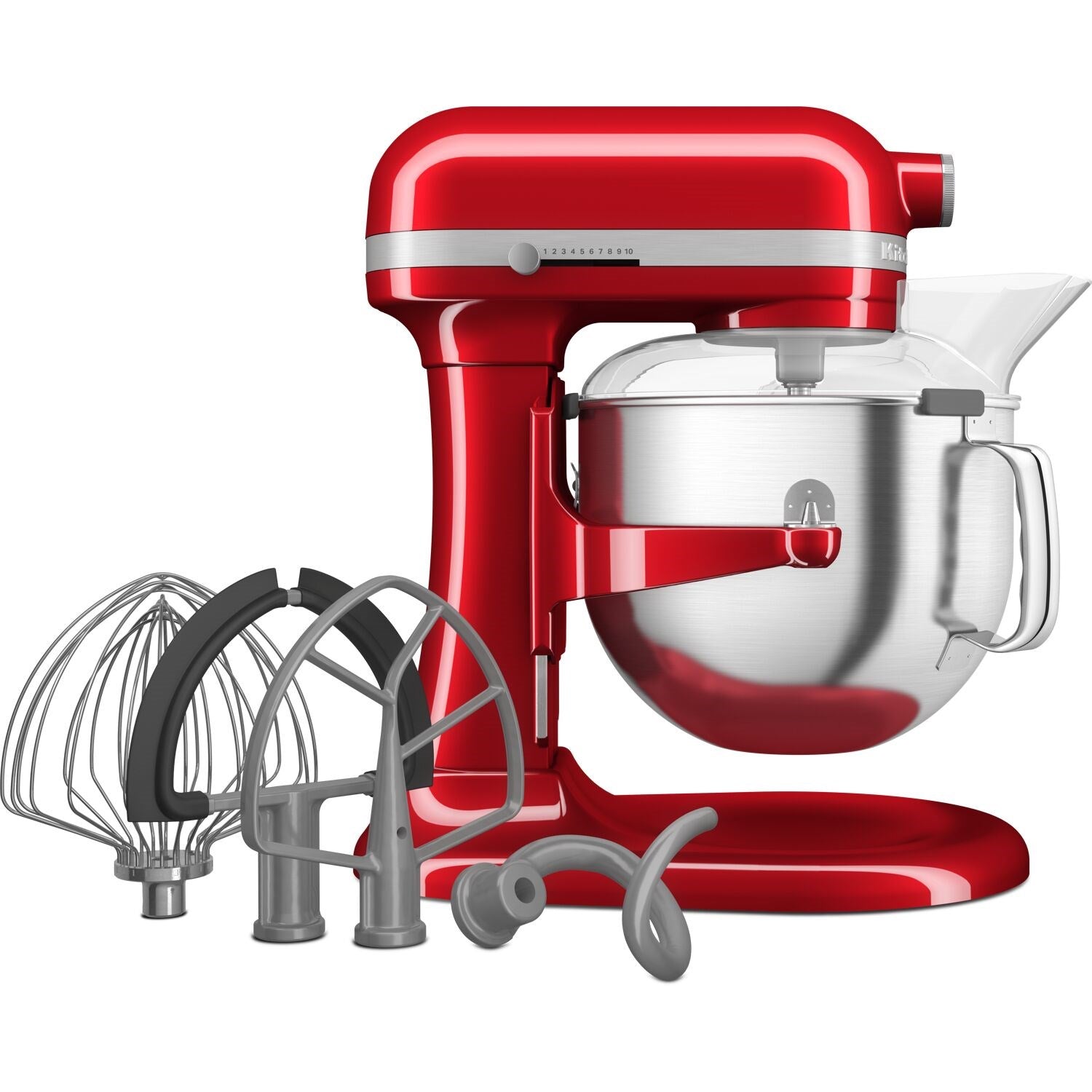 Red stand mixer with stainless bowl and included whisk, dough hook, paddle