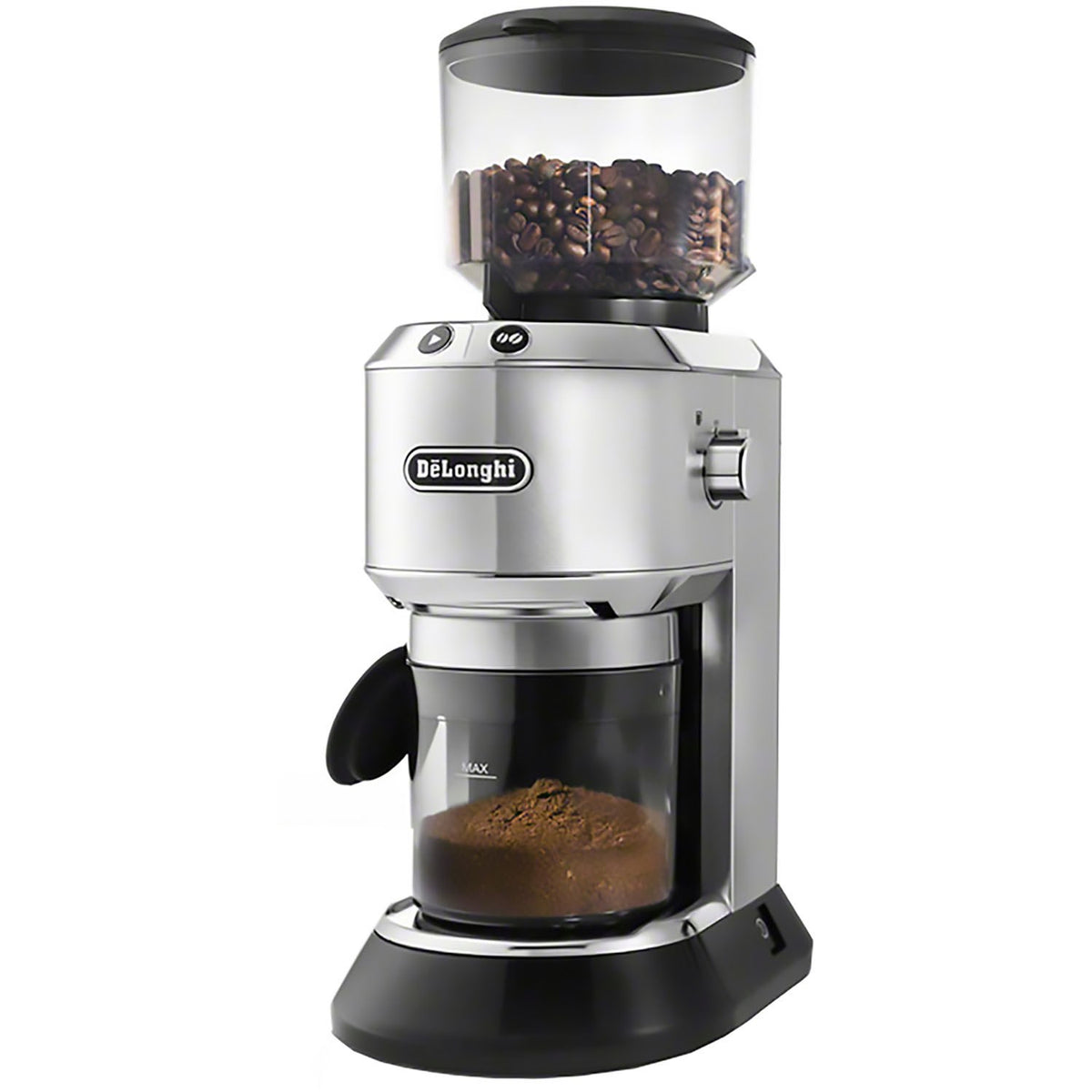De'Longhi Dedica coffee grinder with clear bean hopper and black base, front view