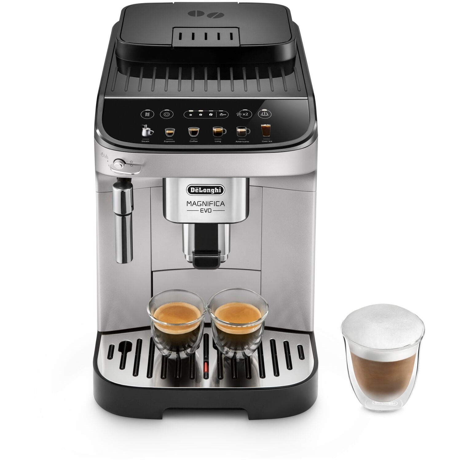 De'Longhi Magnifica Evo coffee and espresso machine front with two espresso cups