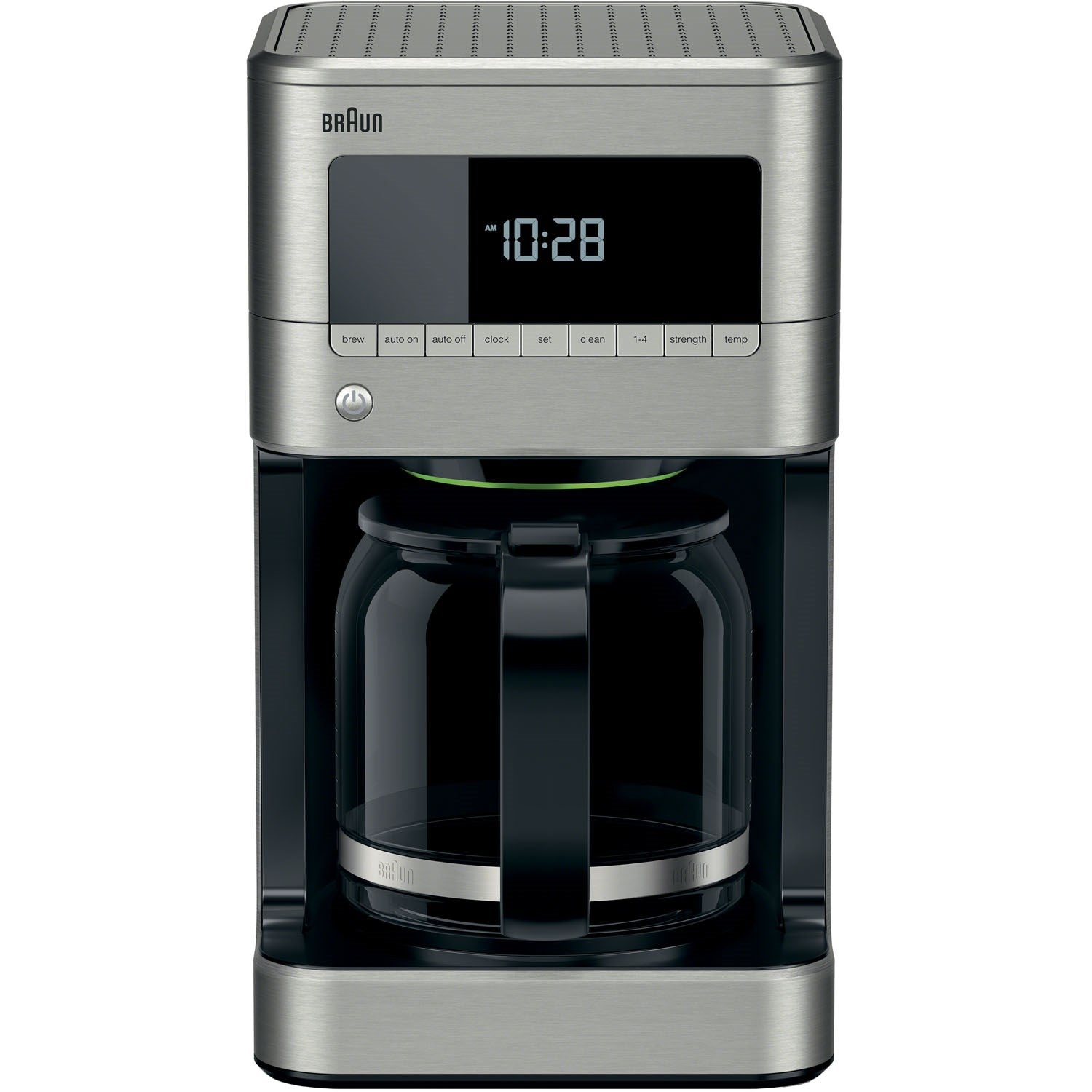 Braun stainless steel drip coffee maker with digital display and glass carafe