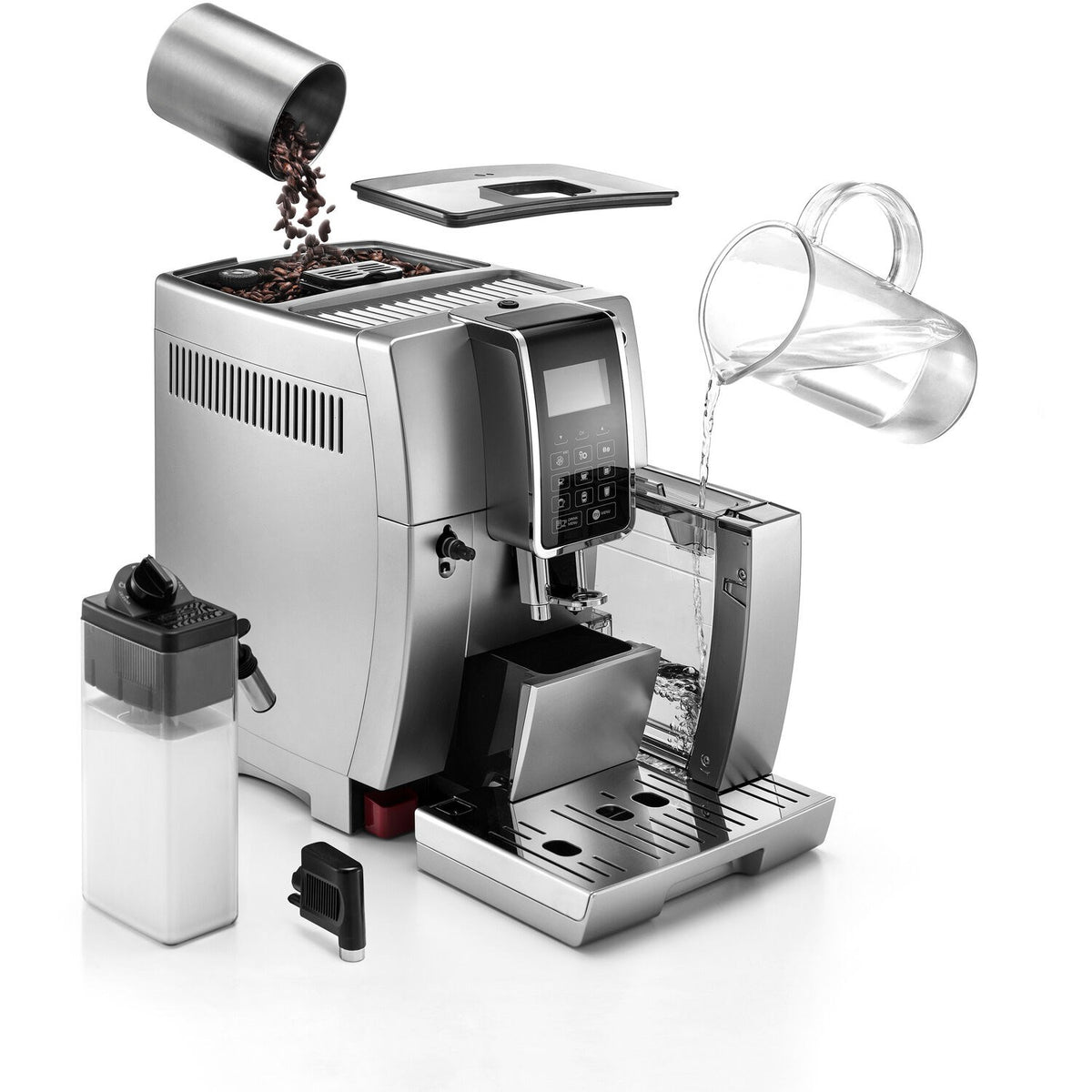 Silver espresso machine with portafilter, milk container, and pouring coffee beans