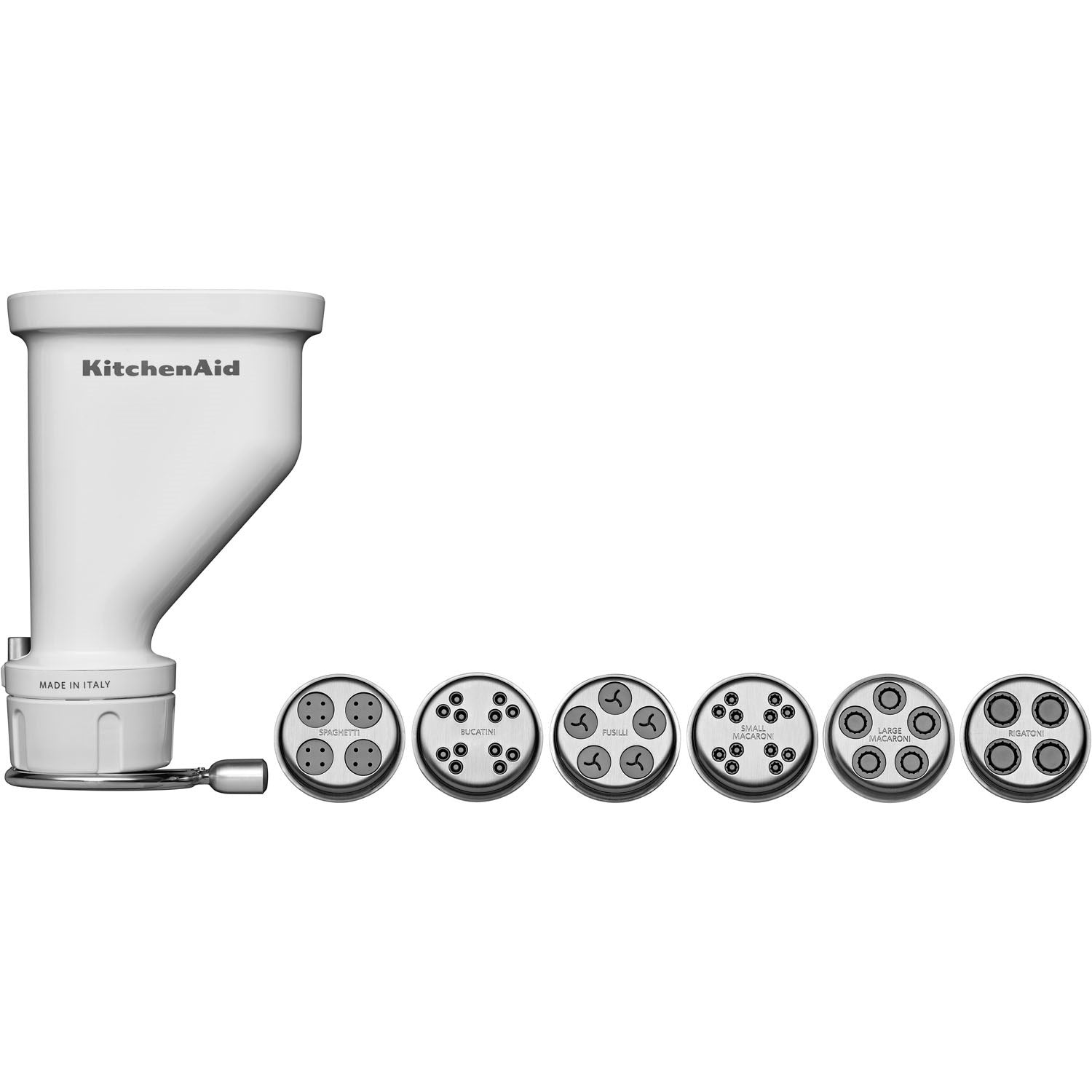 White KitchenAid pasta press with side handle and six round metal die attachments.