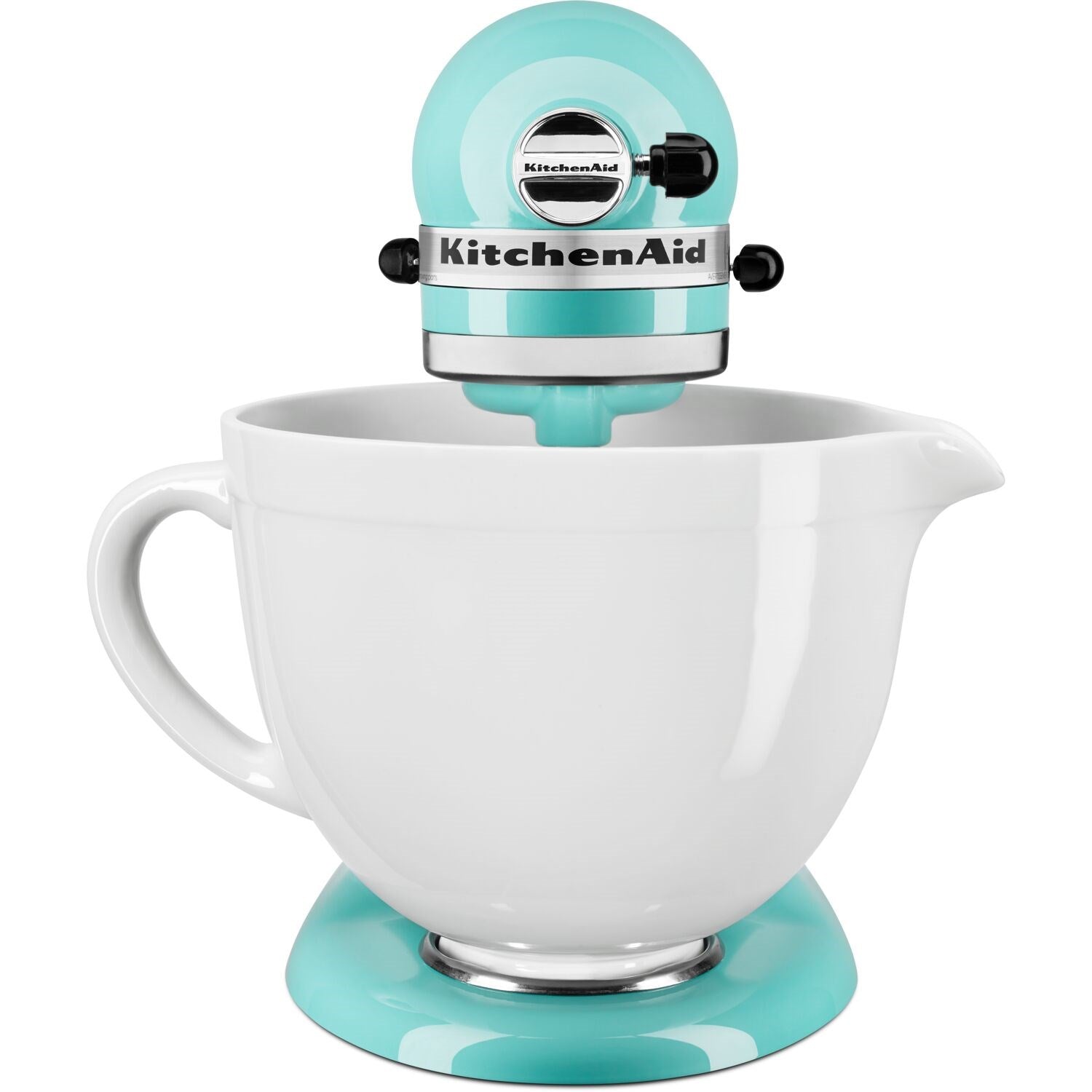 Blue aqua tilt-head stand mixer with white mixing bowl and stainless beater