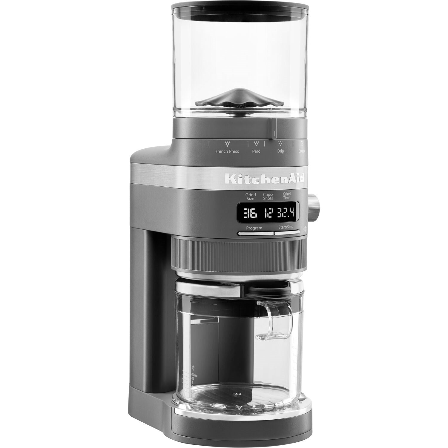 Charcoal grey KitchenAid burr coffee grinder with hopper and grounds container