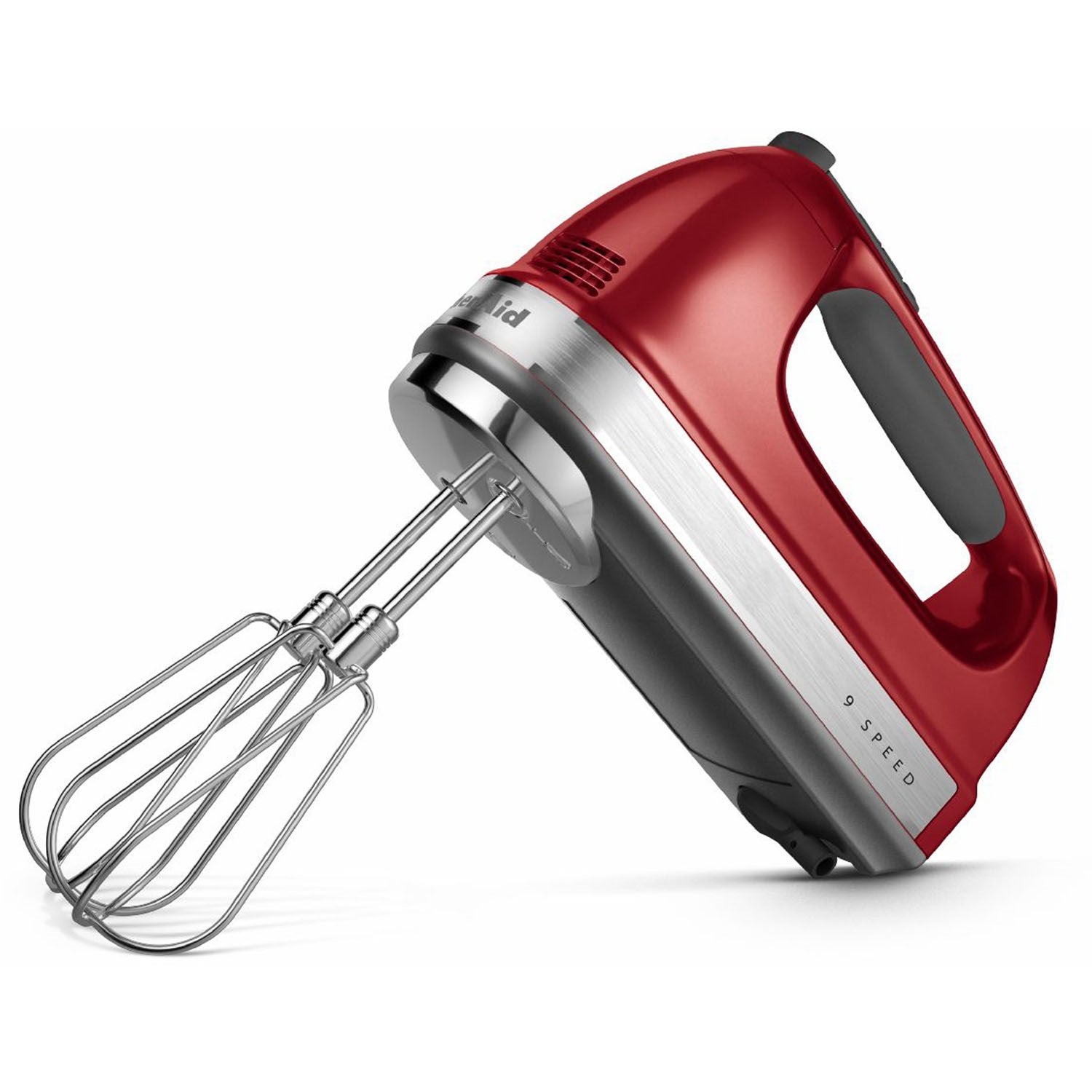 Red KitchenAid 9-speed hand mixer with two metal beaters