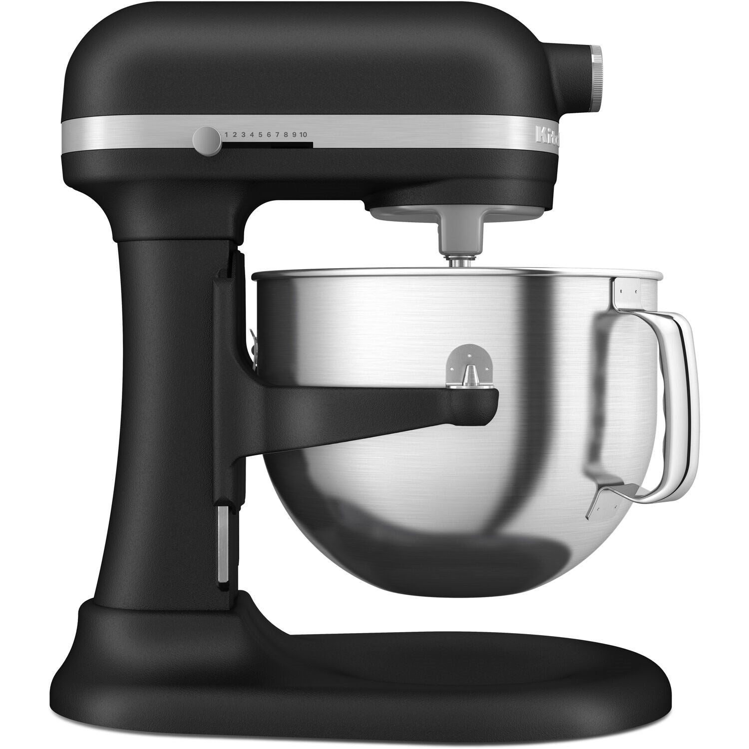 Black bowl-lift stand mixer with stainless mixing bowl and paddle attachment