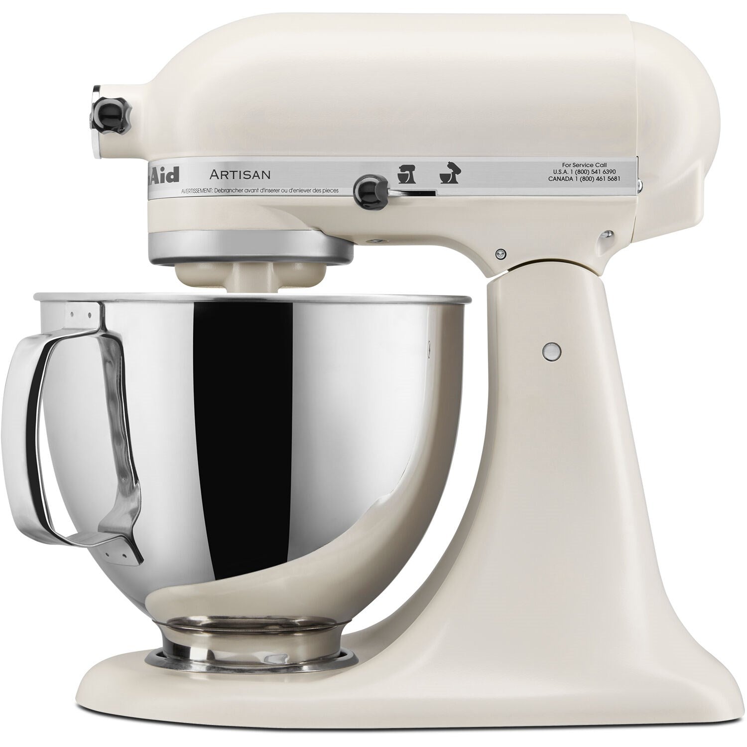 Porcelain tilt-head stand mixer front view with stainless bowl and chrome attachment hub