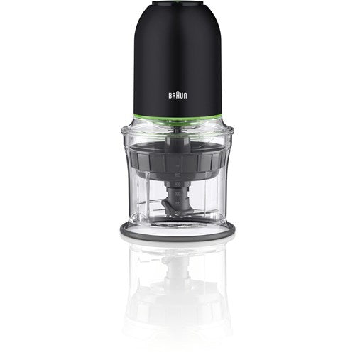 Black mini food chopper close-up with clear bowl and visible blade mechanism
