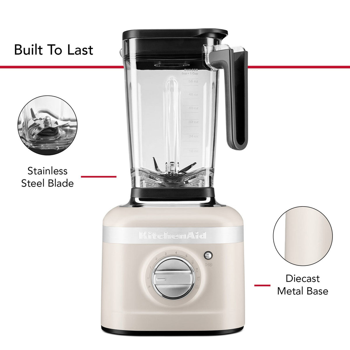 KitchenAid matte milkshake blender base with clear jar and black handle, front view